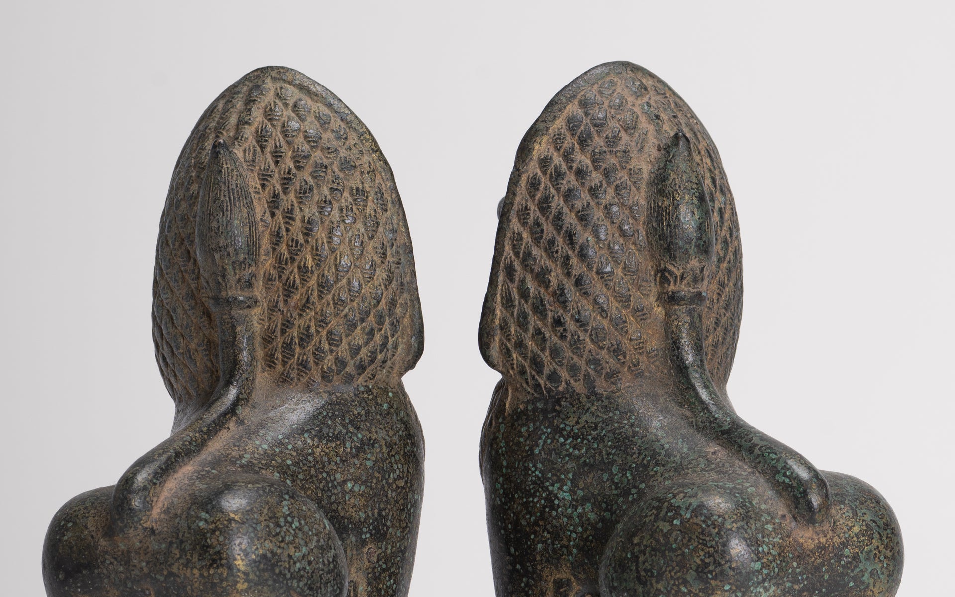 Temple Lions - Antique Khmer Style Bronze Standing Temple Guardian or Lions (Pair) - 20cm/8"