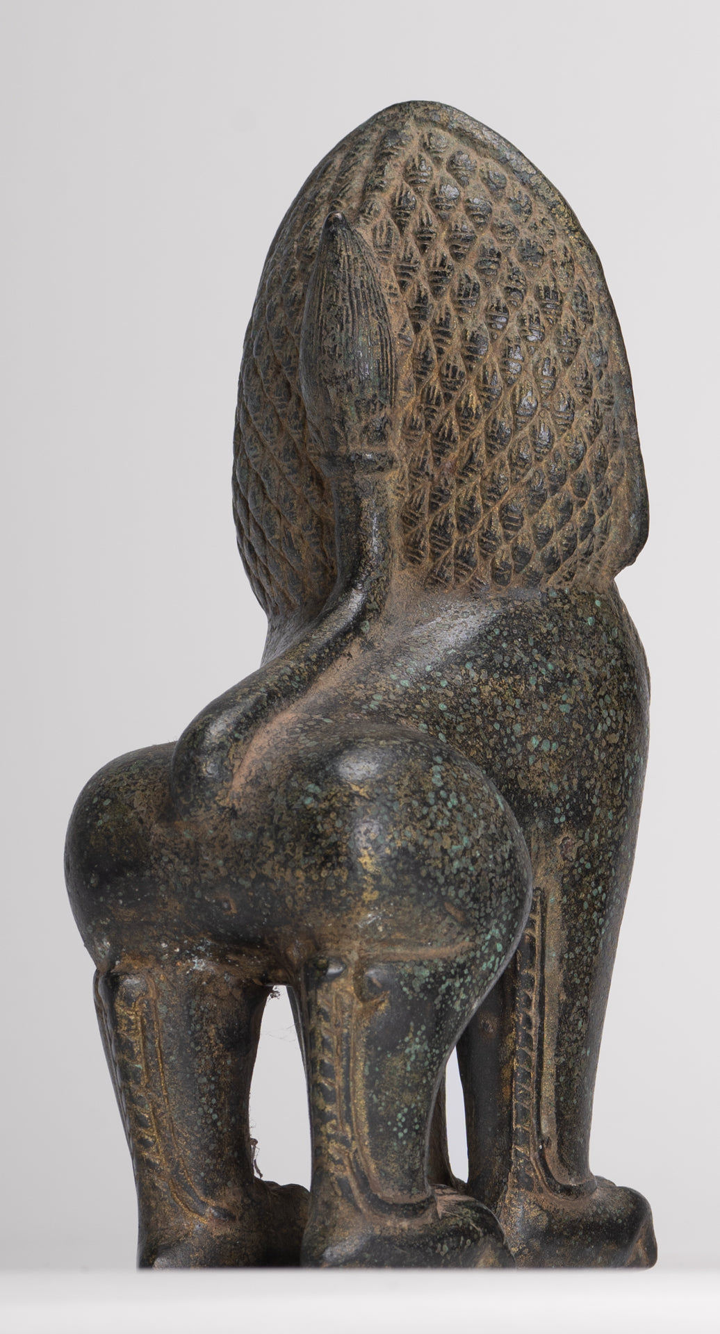 Temple Lions - Antique Khmer Style Bronze Standing Temple Guardian or Lions (Pair) - 20cm/8"