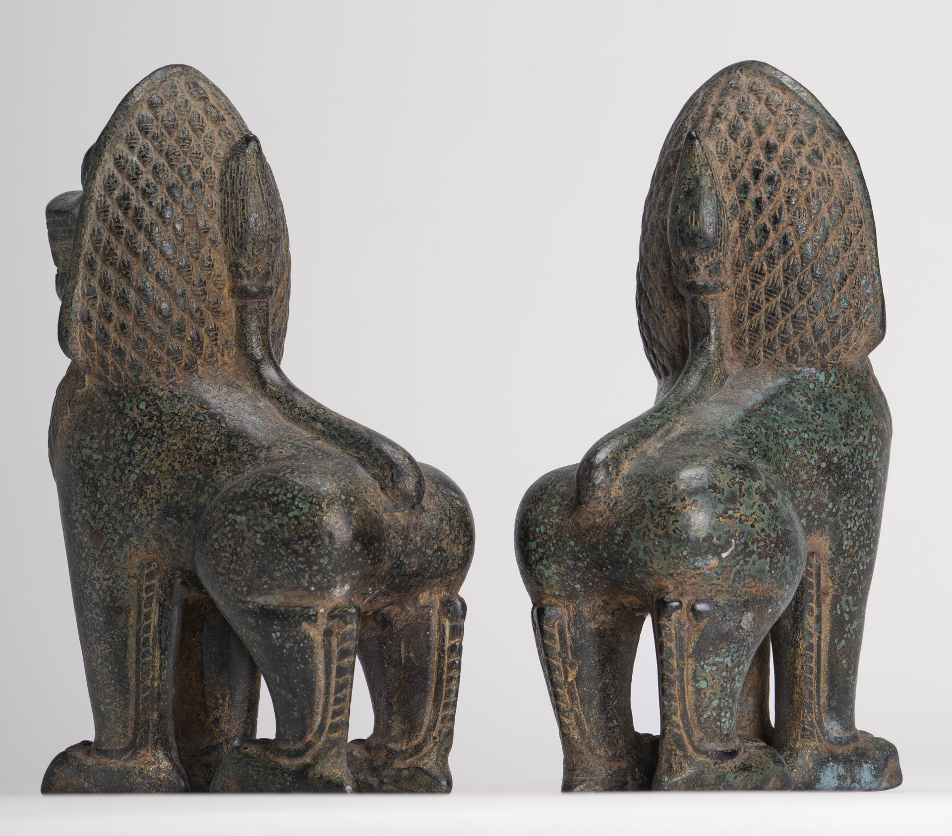 Temple Lions - Antique Khmer Style Bronze Standing Temple Guardian or Lions (Pair) - 20cm/8"