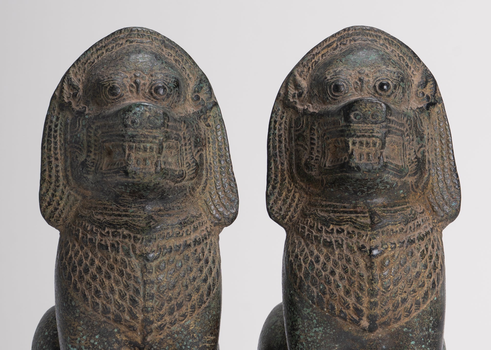 Temple Lions - Antique Khmer Style Bronze Standing Temple Guardian or Lions (Pair) - 20cm/8"