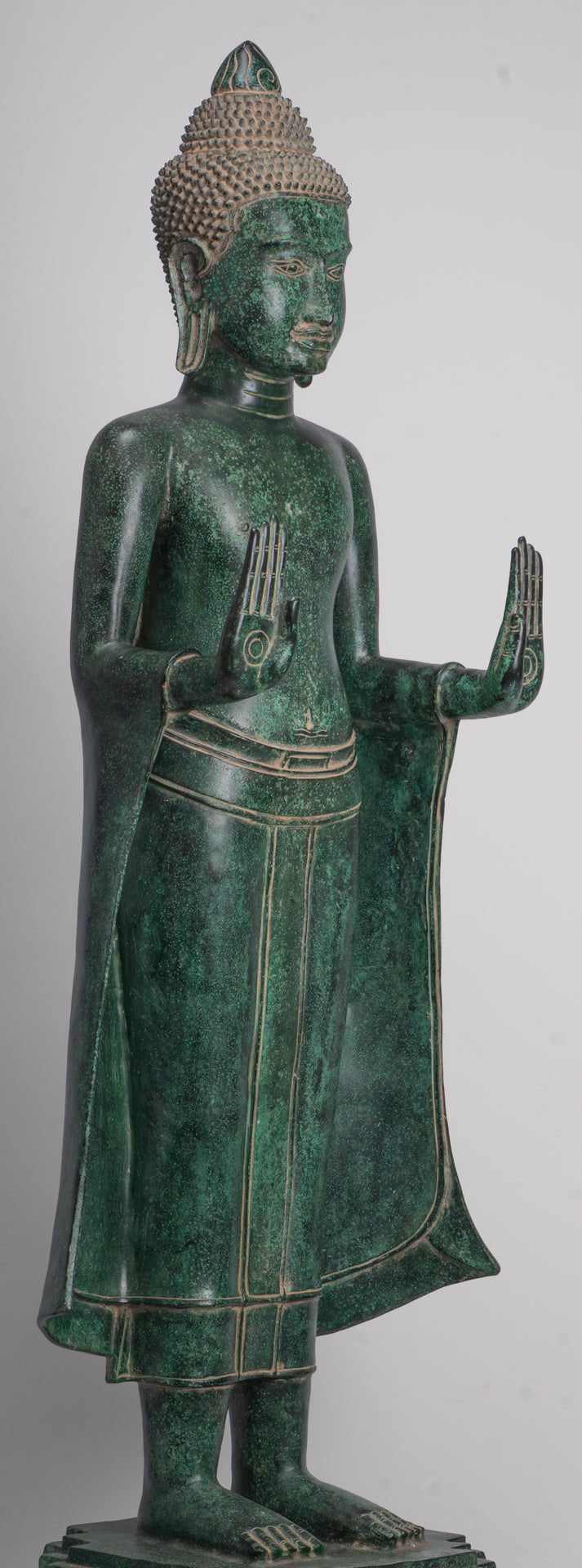 Large Buddha Statue - Antique Khmer Style Bronze Standing Abhaya Protection Buddha Statue - 123cm/49"
