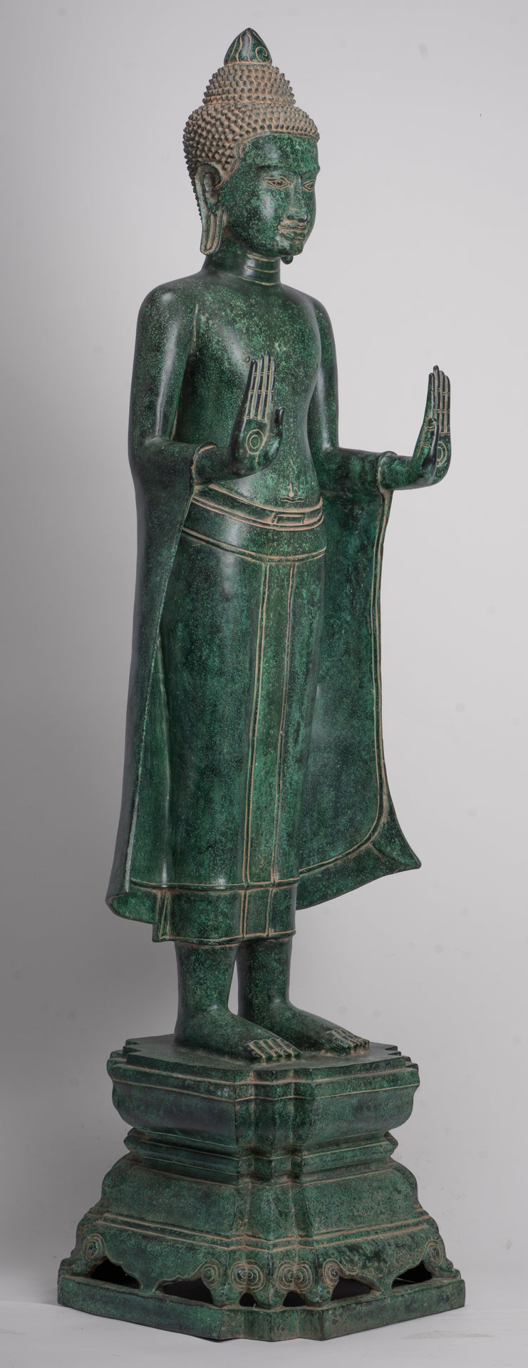 Large Buddha Statue - Antique Khmer Style Bronze Standing Abhaya Protection Buddha Statue - 123cm/49"