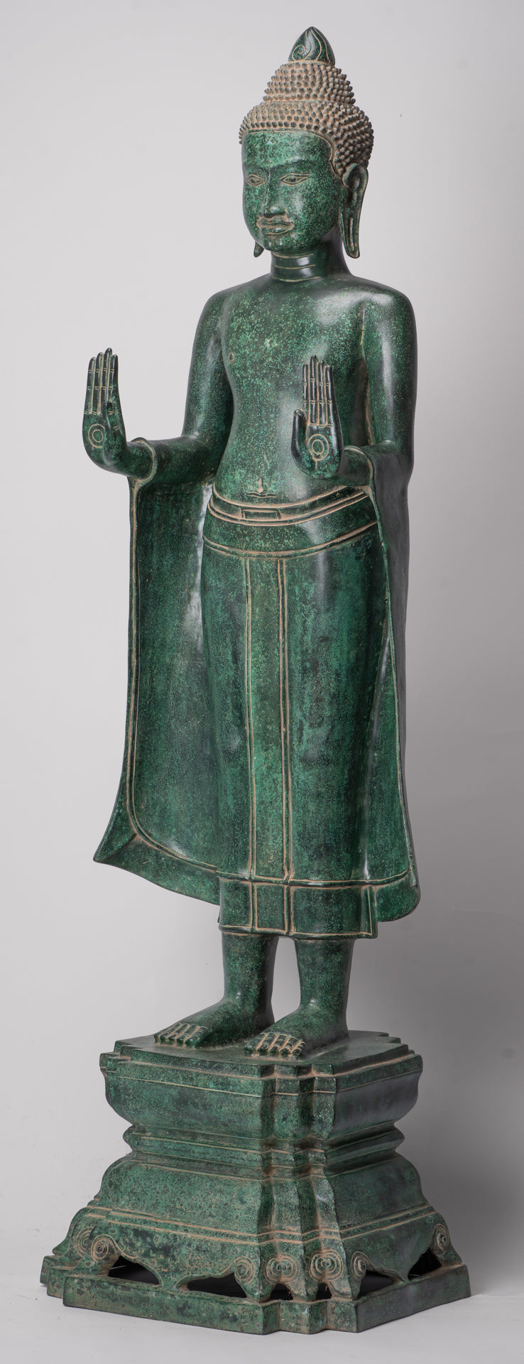 Large Buddha Statue - Antique Khmer Style Bronze Standing Abhaya Protection Buddha Statue - 123cm/49"