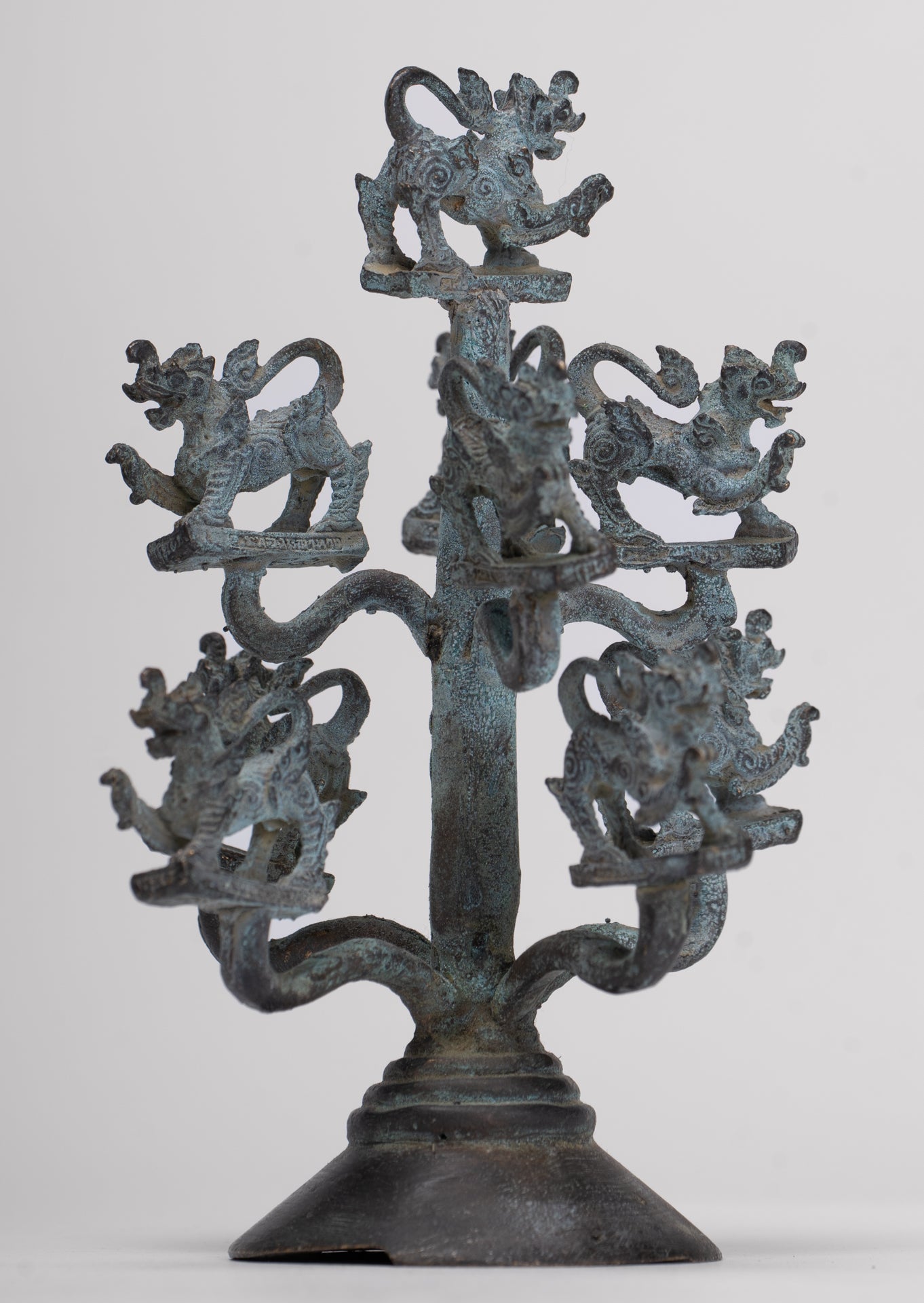 Singha Sculpture - Antique Thai Style Bronze Bodhi Tree of Thai Singha or Temple Lions/Guardians Statues - 11cm/4"