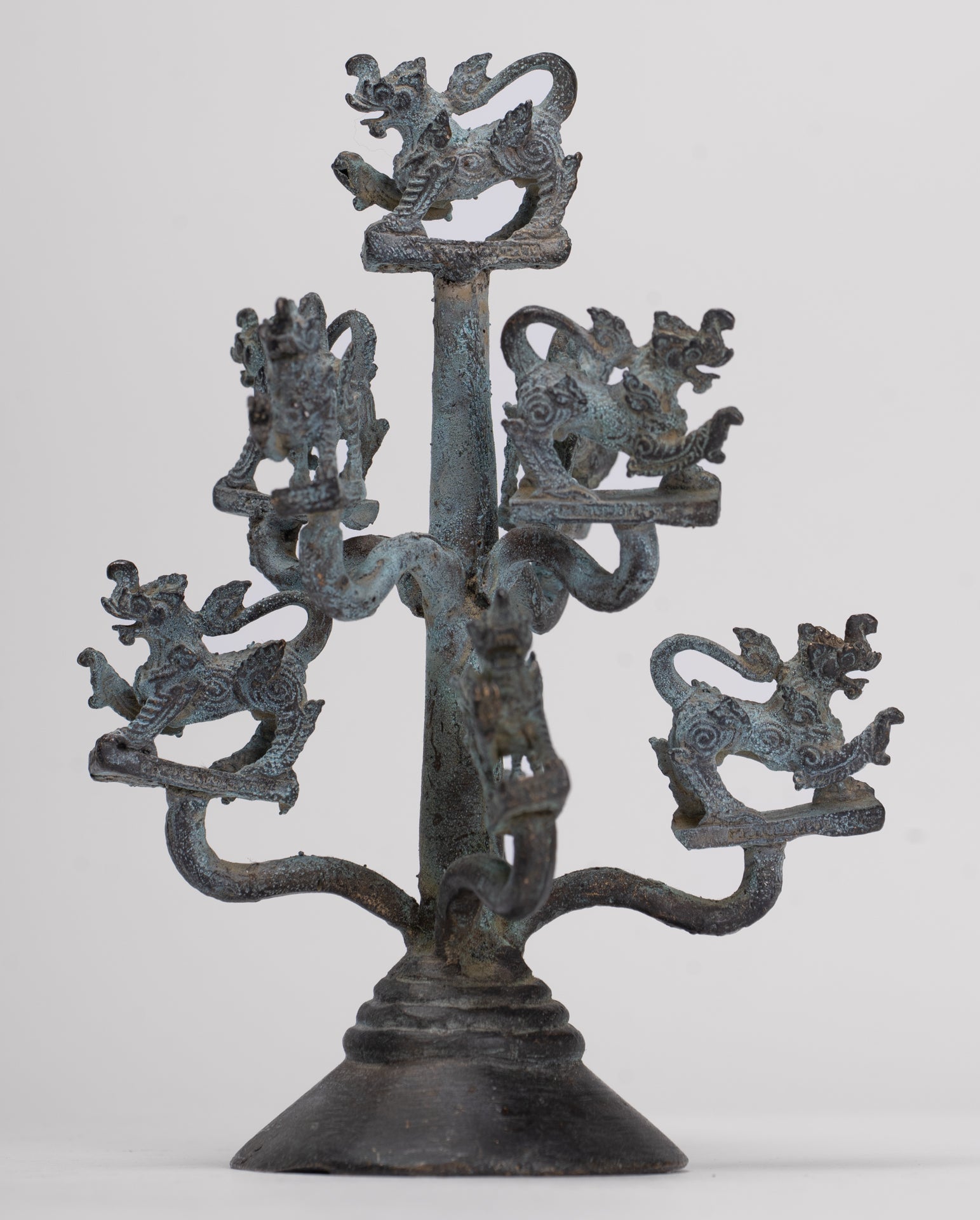 Singha Sculpture - Antique Thai Style Bronze Bodhi Tree of Thai Singha or Temple Lions/Guardians Statues - 11cm/4"