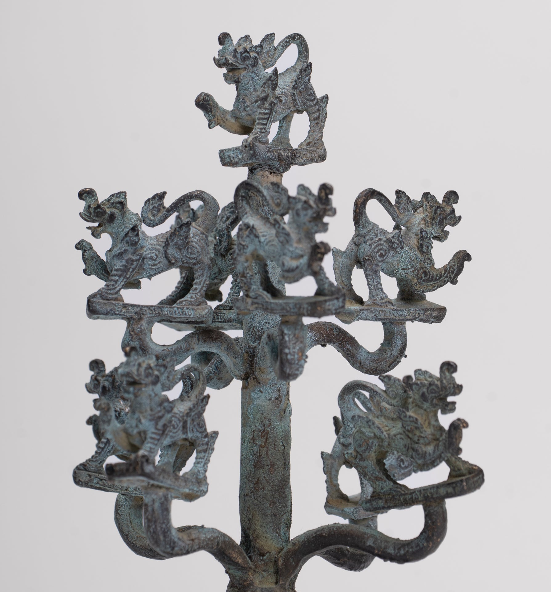 Singha Sculpture - Antique Thai Style Bronze Bodhi Tree of Thai Singha or Temple Lions/Guardians Statues - 11cm/4"