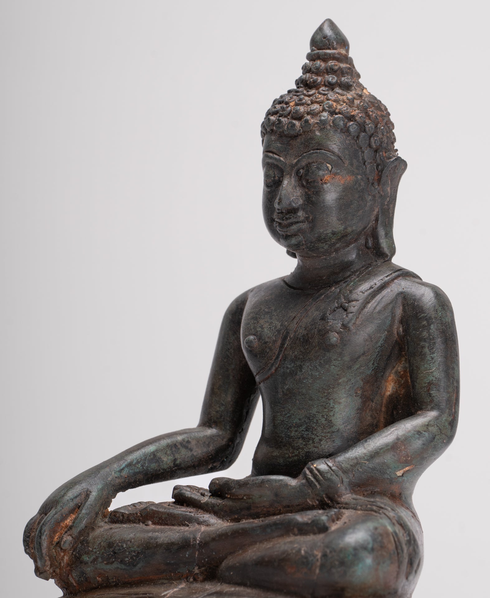 Buddha Statue - Antique Thai Style Bronze Chiang Saen Enlightenment Buddha Statue - 20cm/8"