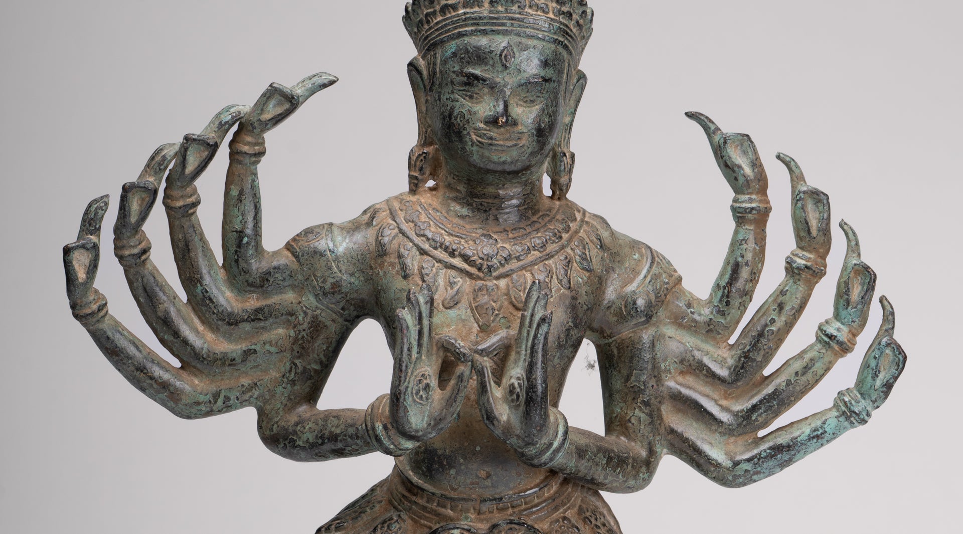 Shiva Statue - Antique Khmer Style Bronze Bayon Ardhaparyanka Shiva - 10 Arms - 46cm/18"