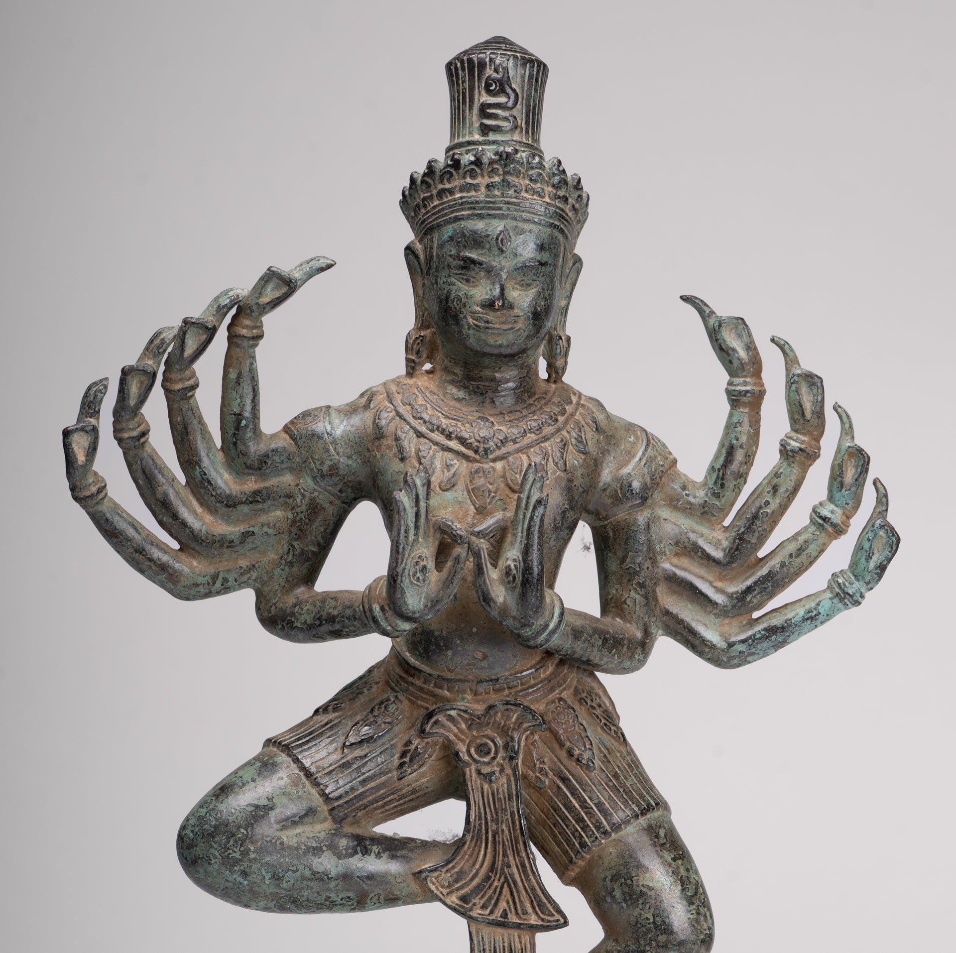 Shiva Statue - Antique Khmer Style Bronze Bayon Ardhaparyanka Shiva - 10 Arms - 46cm/18"