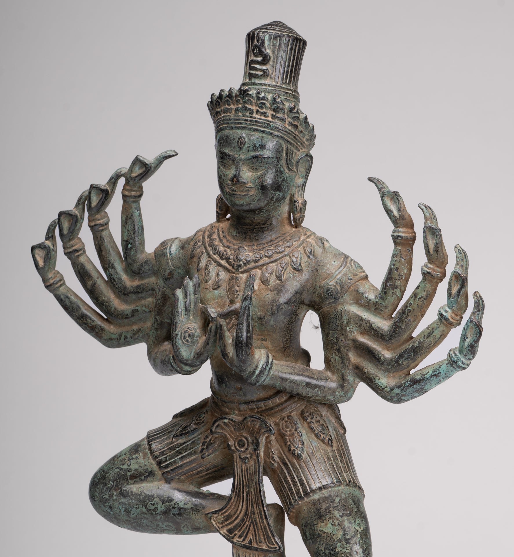 Shiva Statue - Antique Khmer Style Bronze Bayon Ardhaparyanka Shiva - 10 Arms - 46cm/18"