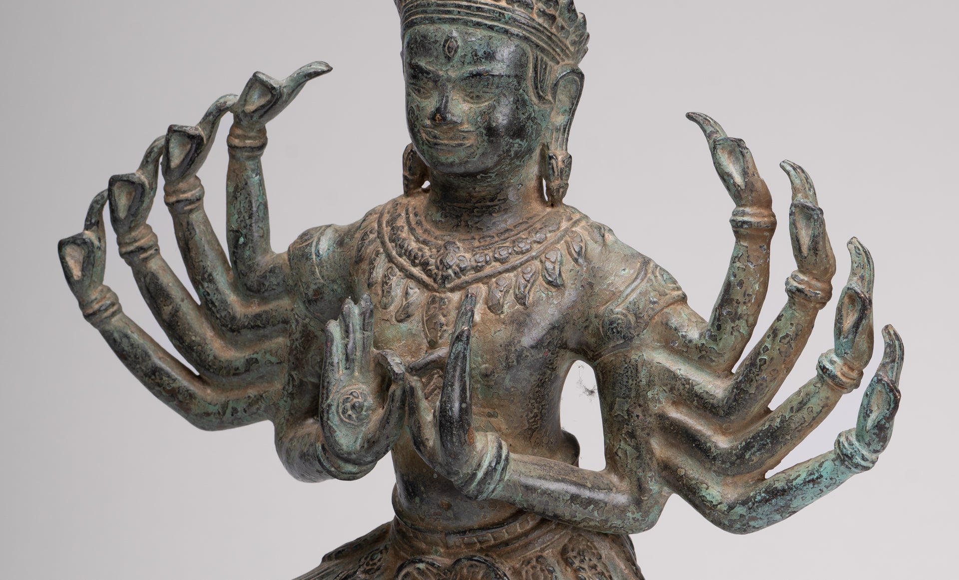 Shiva Statue - Antique Khmer Style Bronze Bayon Ardhaparyanka Shiva - 10 Arms - 46cm/18"