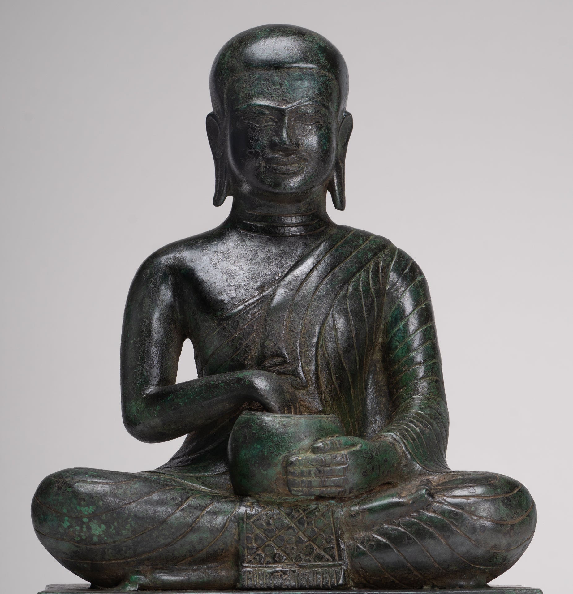 Antique Thai Style Seated Bronze Monk Statue - 33cm/13"