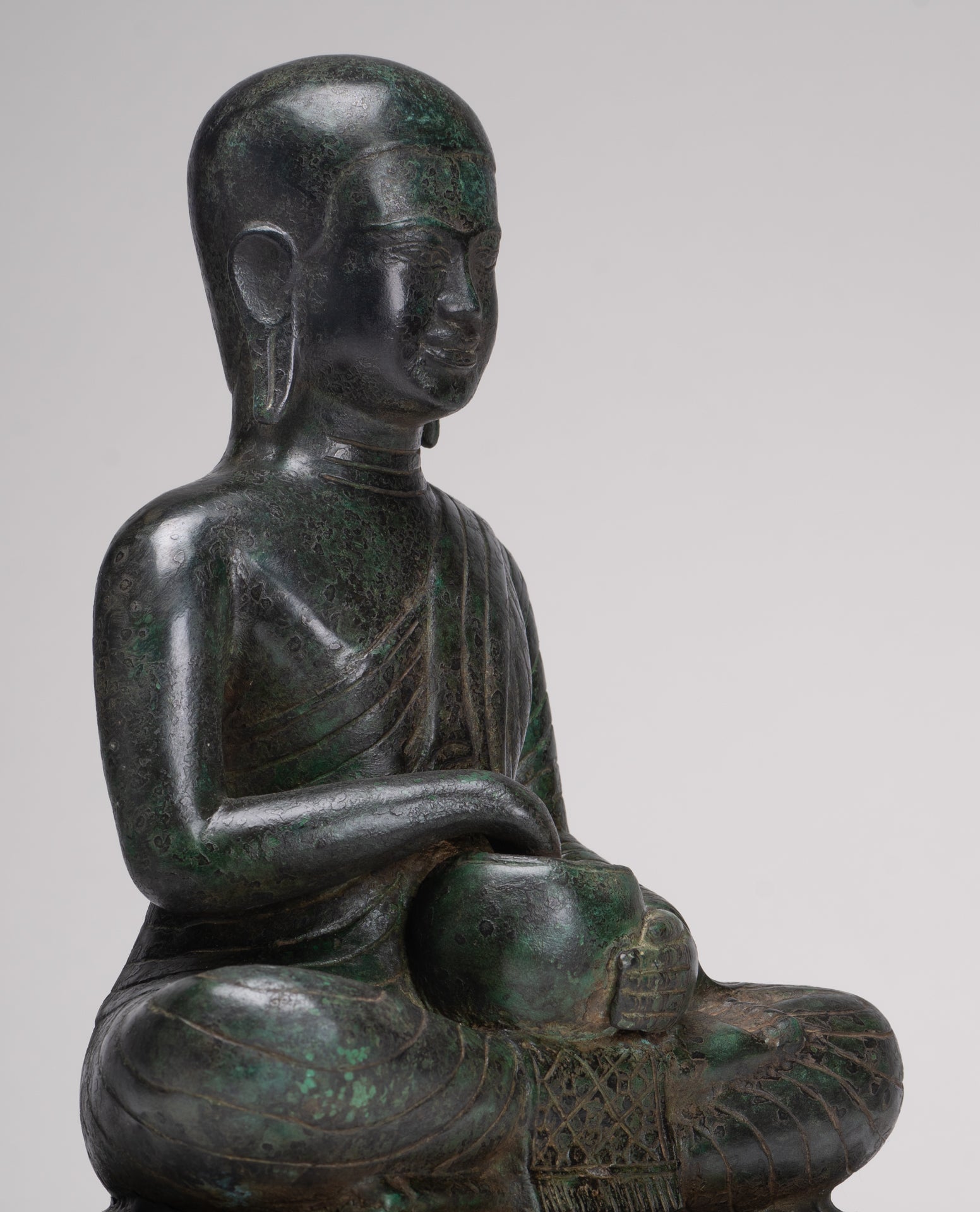 Antique Thai Style Seated Bronze Monk Statue - 33cm/13"