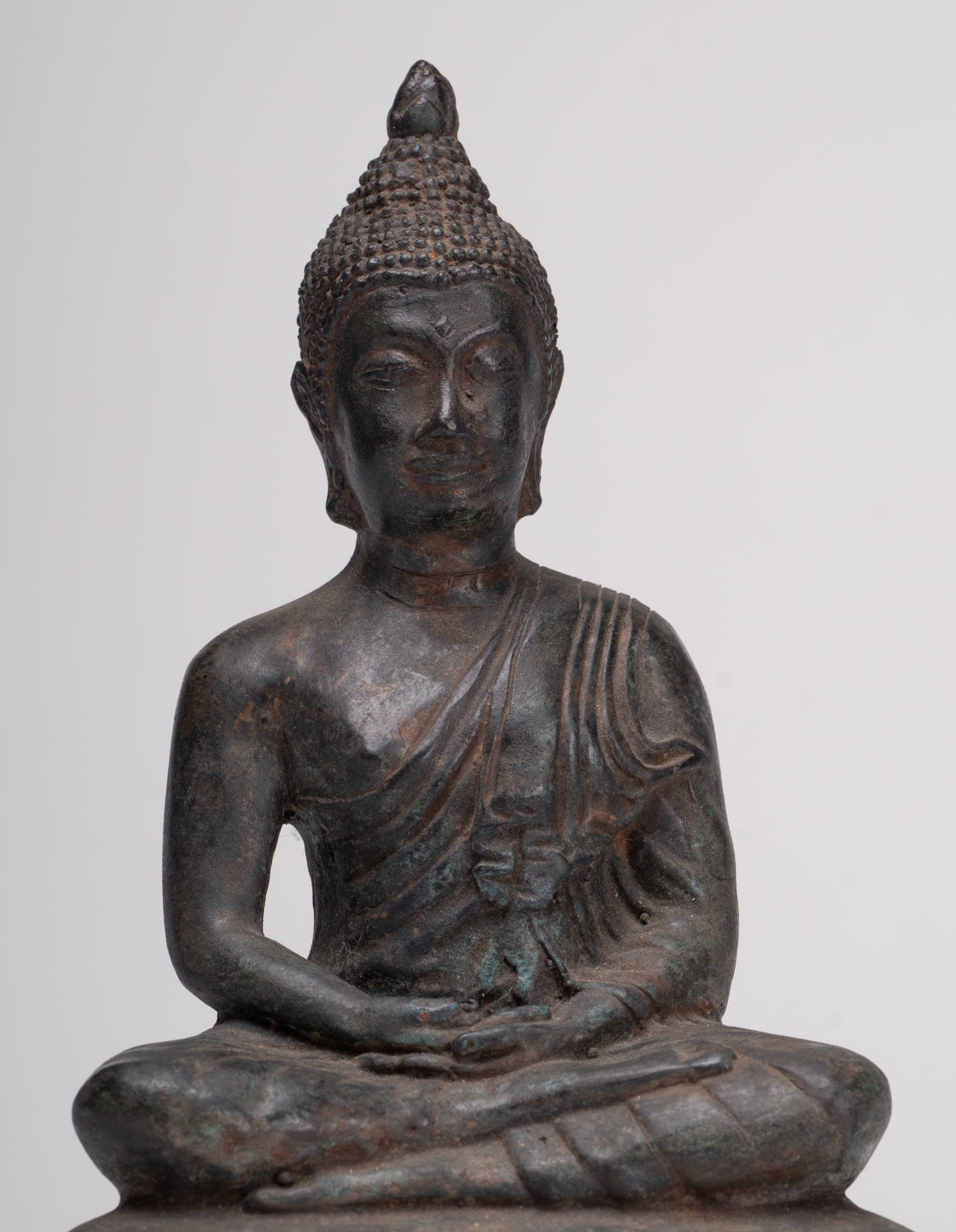 Antique Thai Style Bronze Chiang Saen Meditation Buddha Statue - 23cm/9"