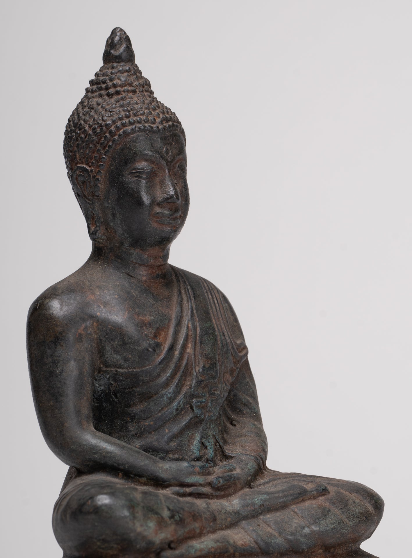 Antique Thai Style Bronze Chiang Saen Meditation Buddha Statue - 23cm/9"