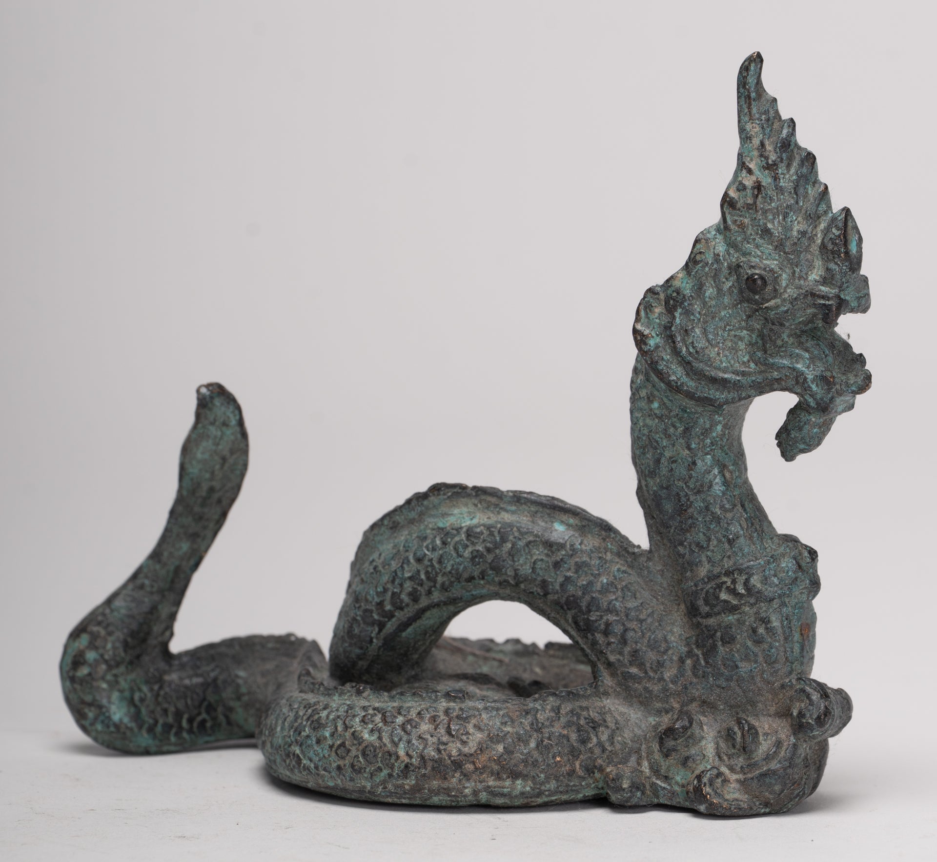 Antique Thai Style Bronze Protective Naga, Snake or Serpent Statue - 11.5cm/5"