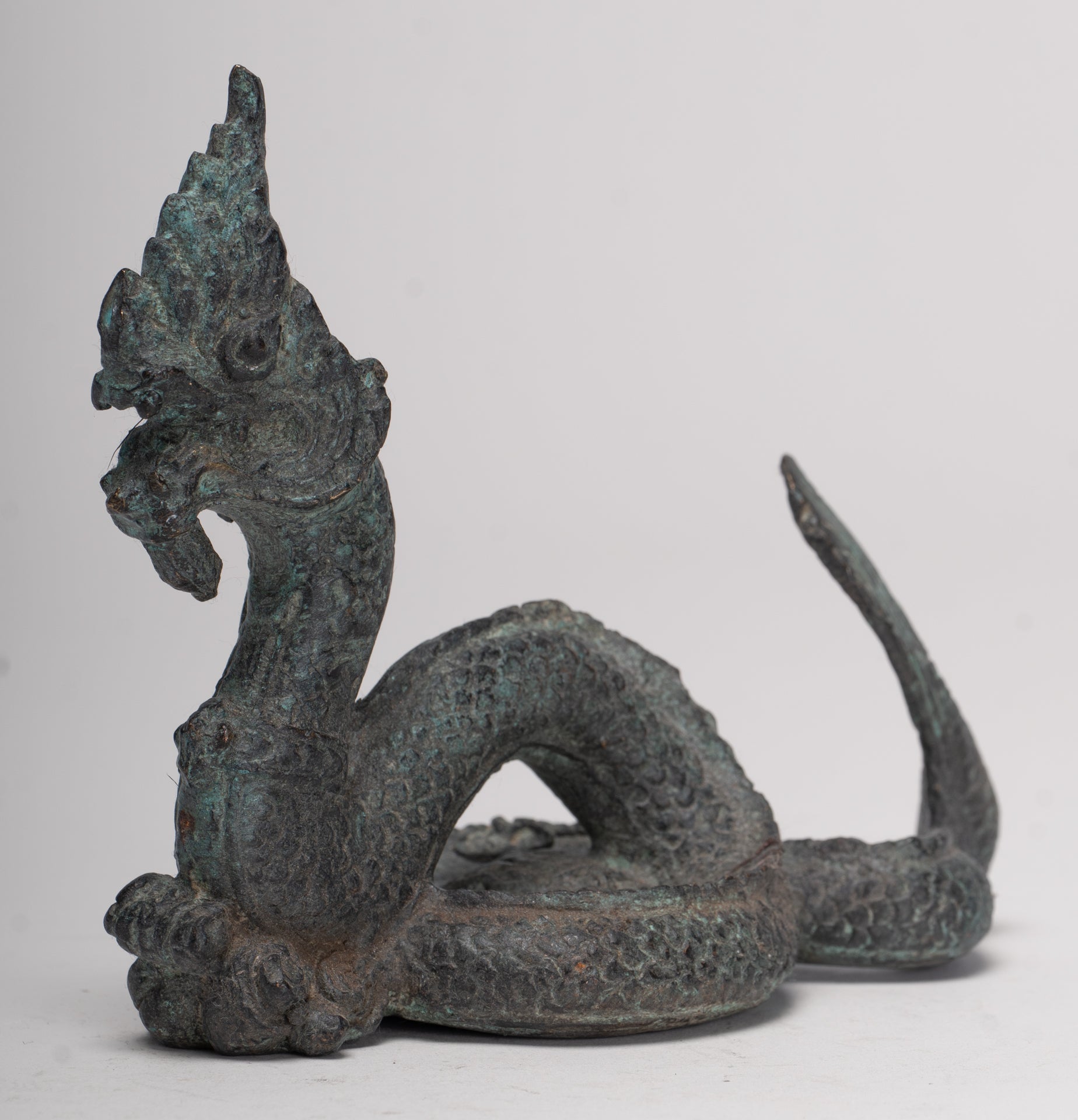 Antique Thai Style Bronze Protective Naga, Snake or Serpent Statue - 11.5cm/5"