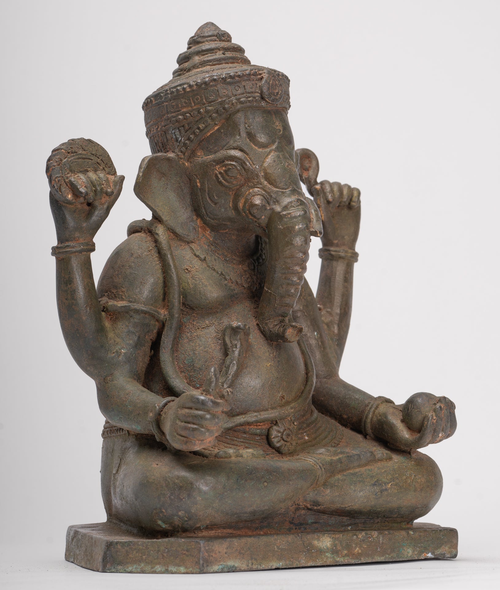 Antique Thai Style Bronze Seated Green 4-Arm Ganesha Statue - 31cm/12"