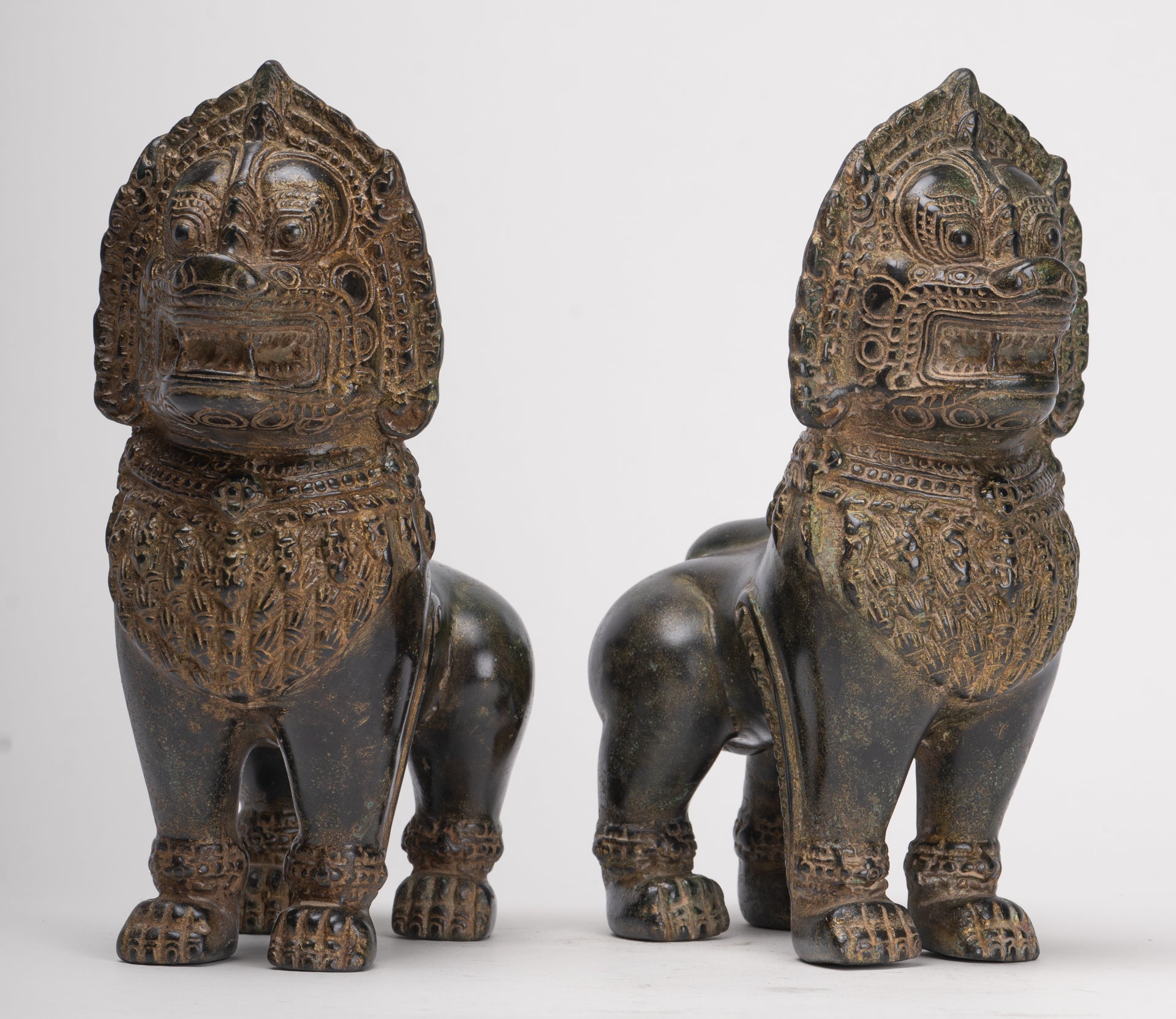Temple Lions - Antique Khmer Style Bronze Standing Temple Guardian or Lions (Pair) - 21.5cm/9"