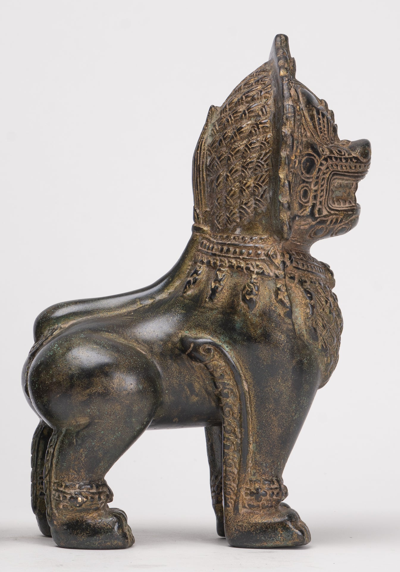 Temple Lions - Antique Khmer Style Bronze Standing Temple Guardian or Lions (Pair) - 21.5cm/9"