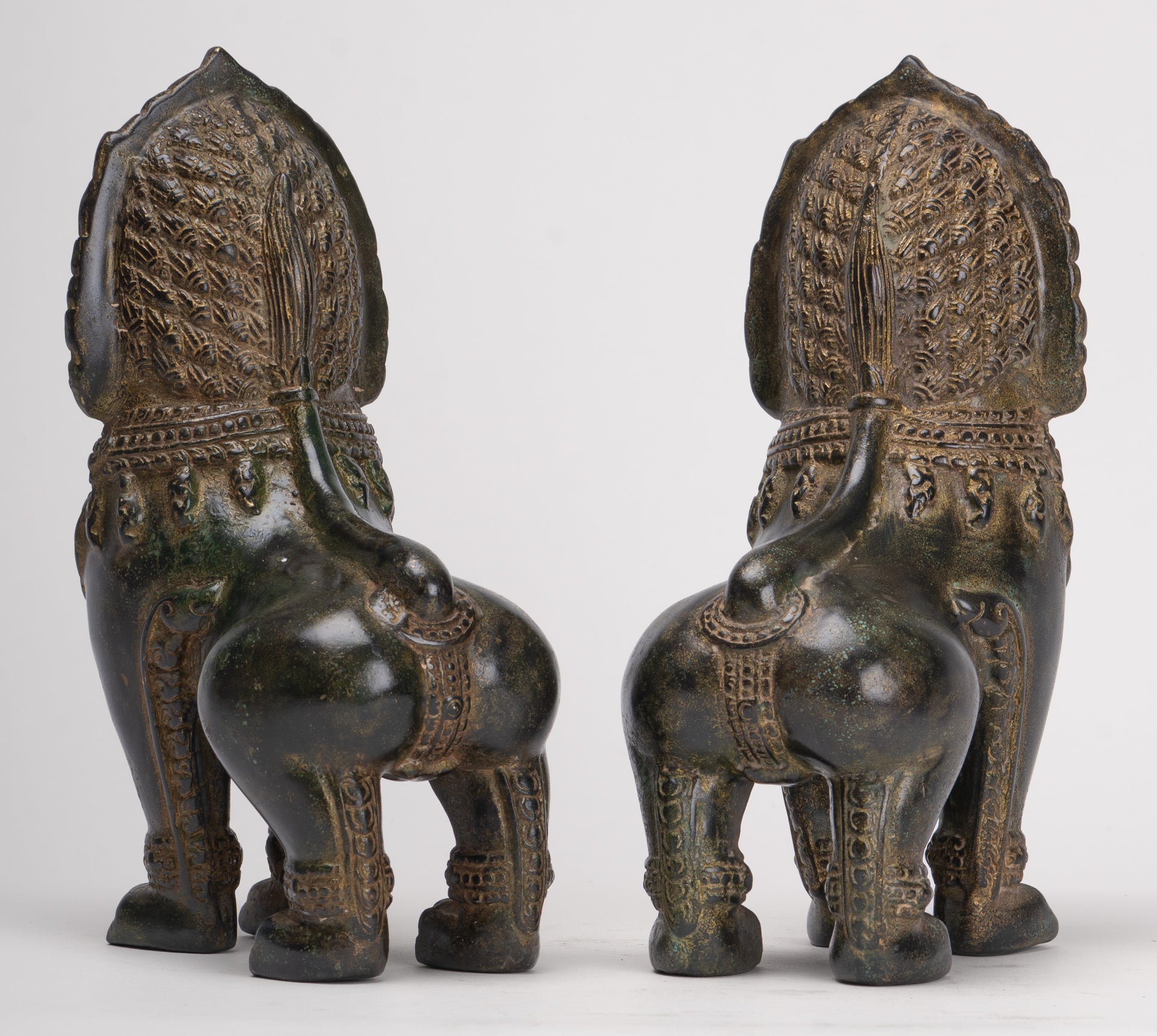 Temple Lions - Antique Khmer Style Bronze Standing Temple Guardian or Lions (Pair) - 21.5cm/9"