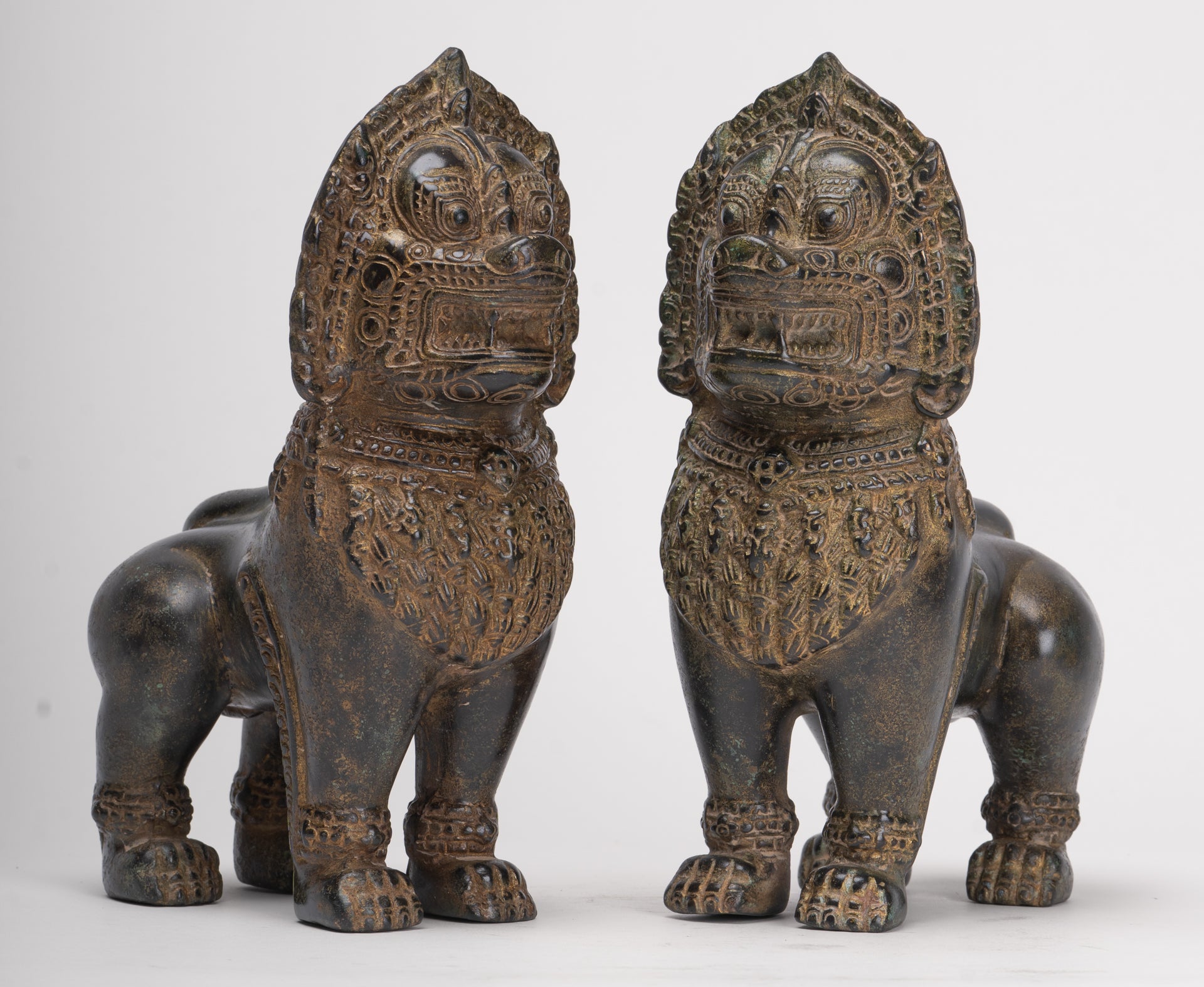 Temple Lions - Antique Khmer Style Bronze Standing Temple Guardian or Lions (Pair) - 21.5cm/9"