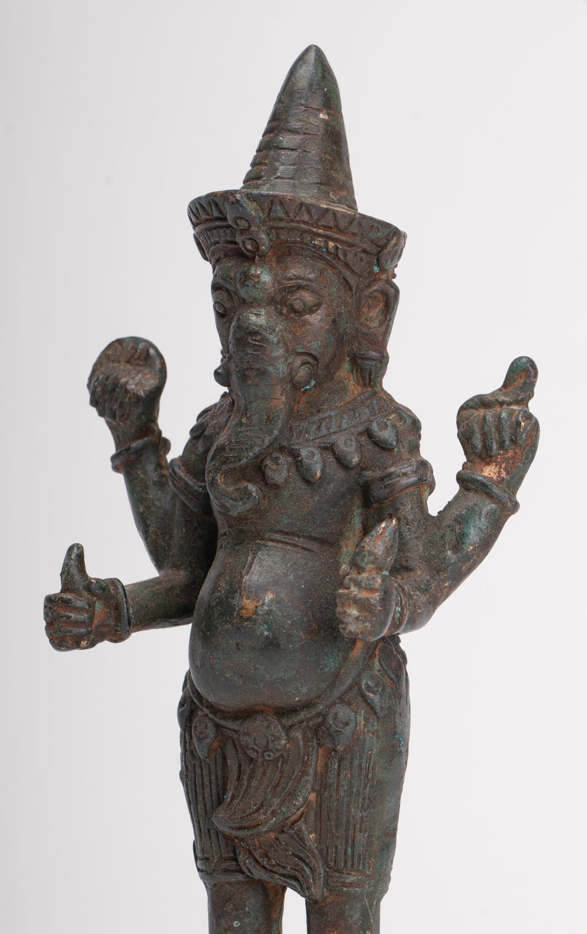 Ganesha Statue - Antique Thai Style Bronze Standing 4-Arm Ganesha Statue - 22.5cm/9"