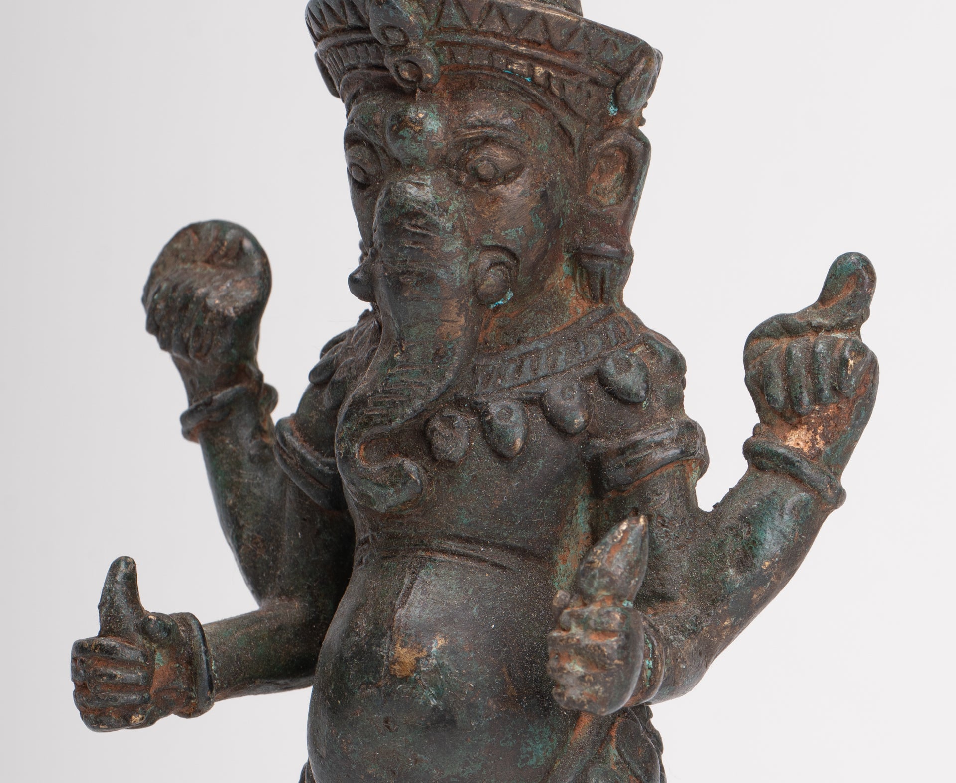 Ganesha Statue - Antique Thai Style Bronze Standing 4-Arm Ganesha Statue - 22.5cm/9"
