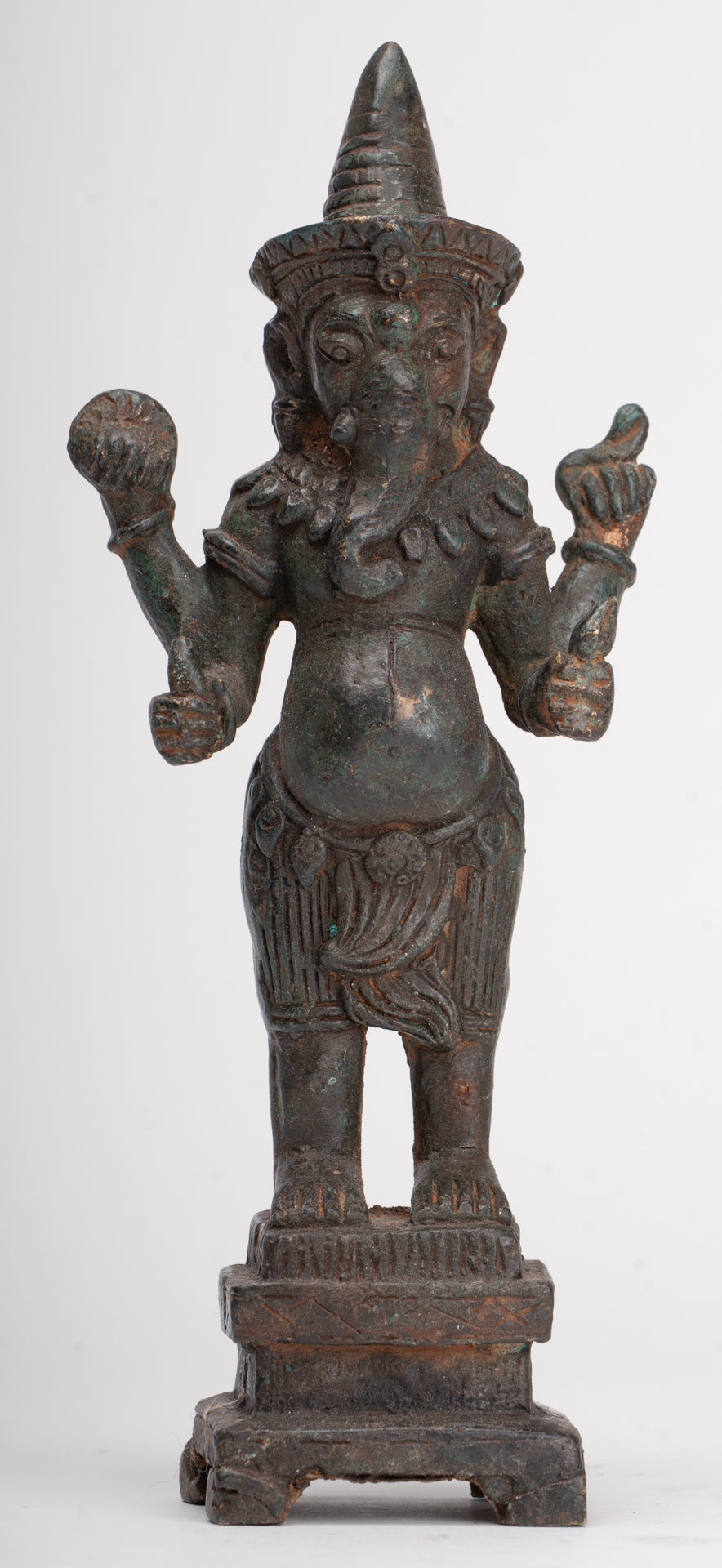 Ganesha Statue - Antique Thai Style Bronze Standing 4-Arm Ganesha Statue - 22.5cm/9"