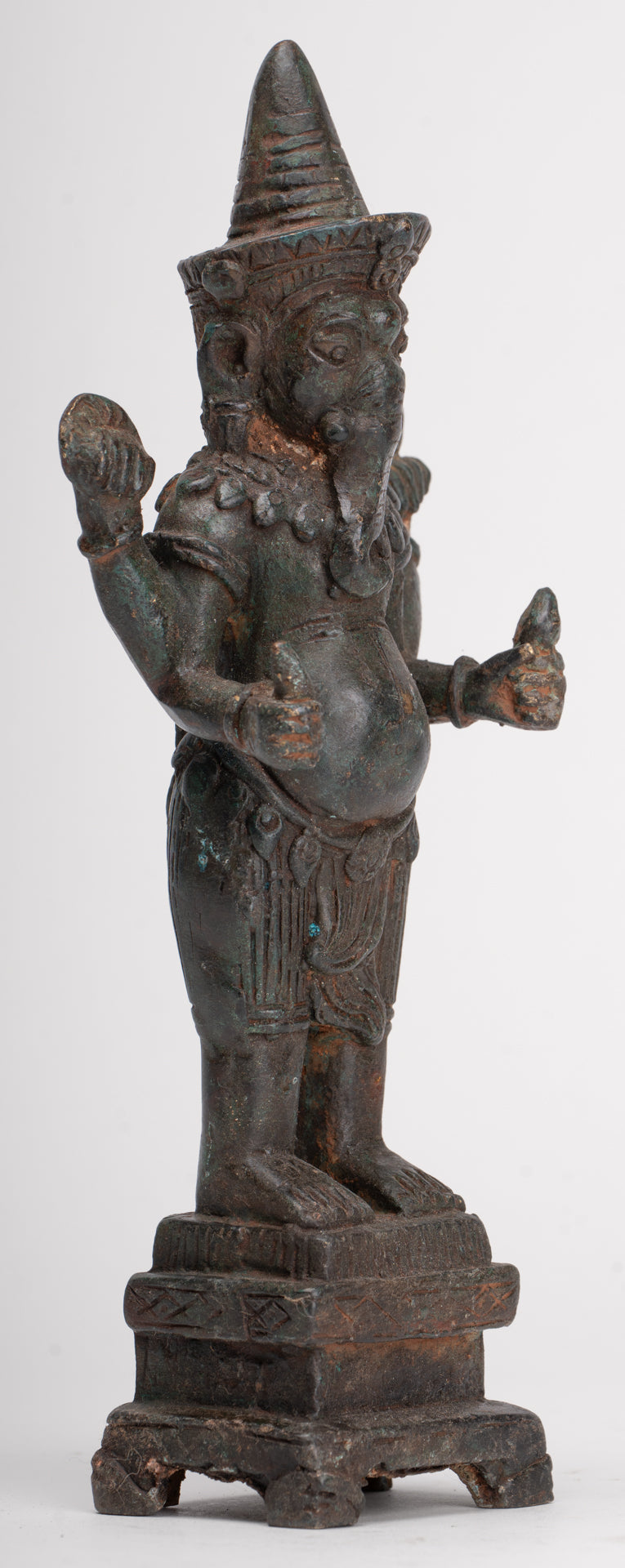 Ganesha Statue - Antique Thai Style Bronze Standing 4-Arm Ganesha Statue - 22.5cm/9"