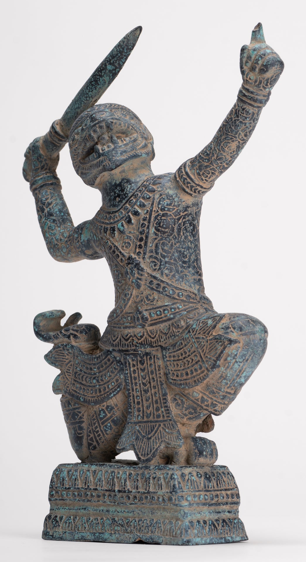 Antique Khmer Bayon Style Bronze Hanuman Warrior Statue – Sword-Bearing Monkey General - 23.5cm/9" Tall