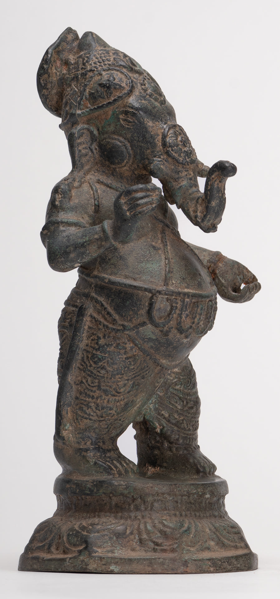 Antique Chola Style Standing Bronze Bridegroom or Mappillai Ganesha Statue w/Umbrella - 22cm/9"