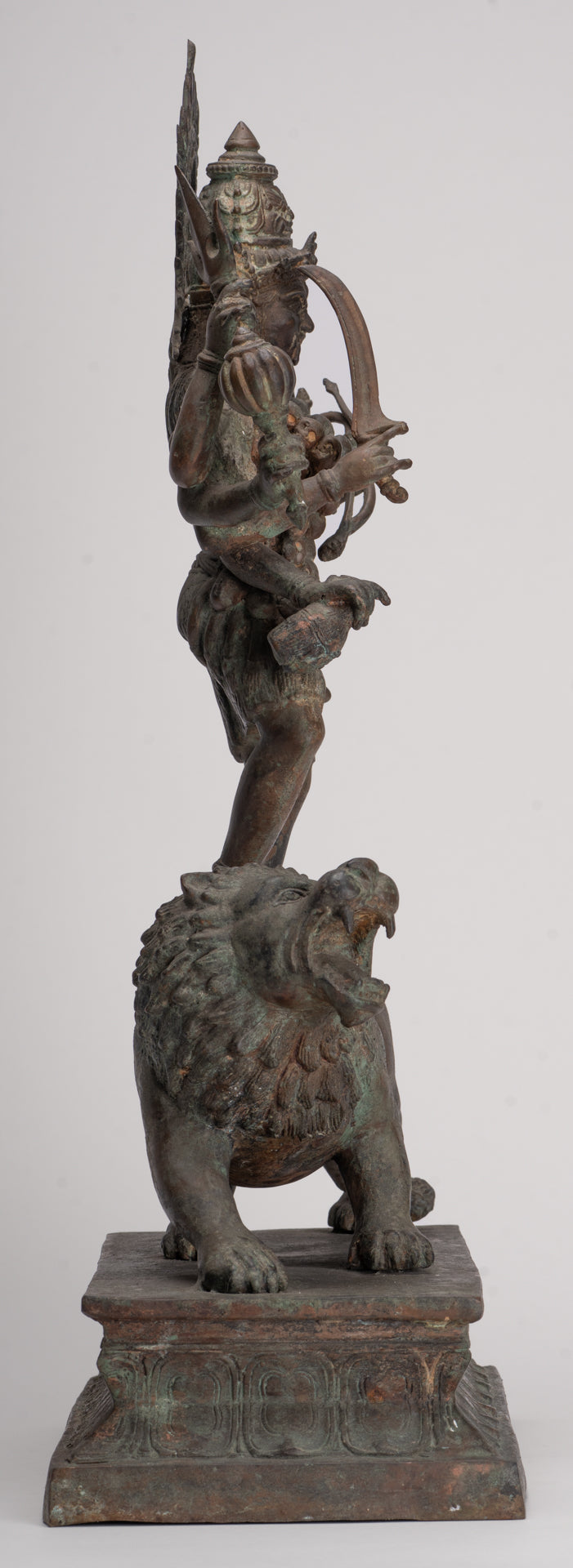 Kali Statue - Antique Java Style Majapahit Bronze Kali Statue on Roaring Lion - 54.5cm/22"
