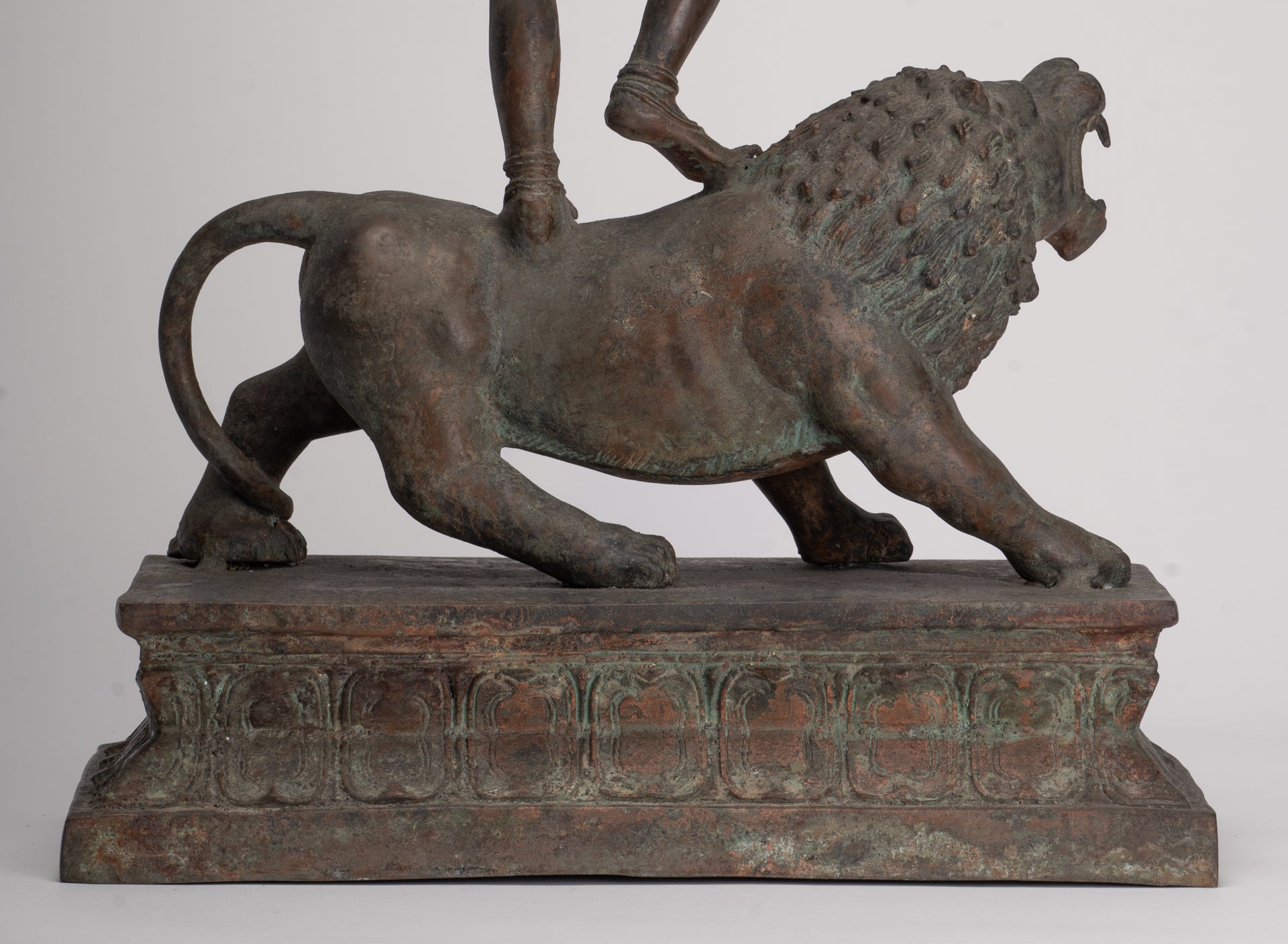 Kali Statue - Antique Java Style Majapahit Bronze Kali Statue on Roaring Lion - 54.5cm/22"