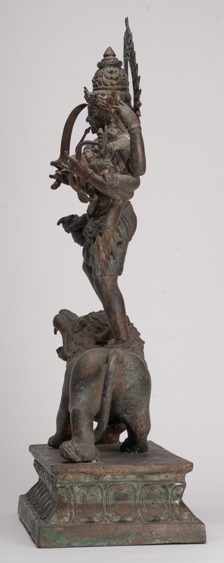 Kali Statue - Antique Java Style Majapahit Bronze Kali Statue on Roaring Lion - 54.5cm/22"