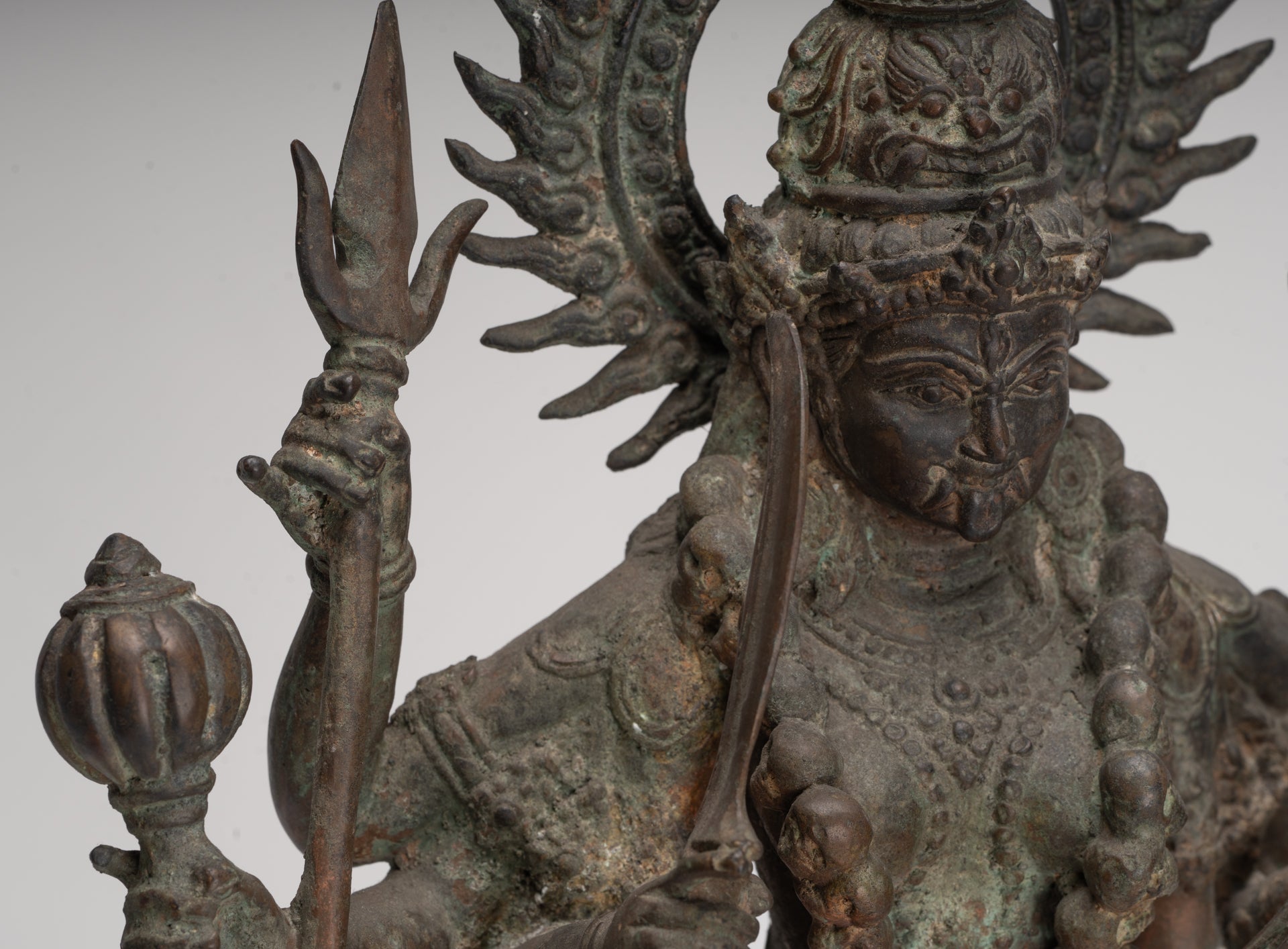 Kali Statue - Antique Java Style Majapahit Bronze Kali Statue on Roaring Lion - 54.5cm/22"