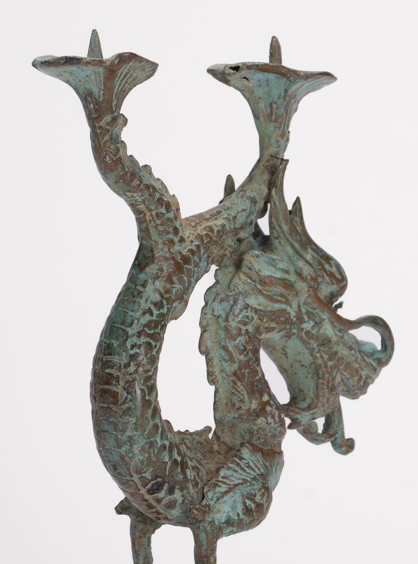 Antique Chinese Style Bronze Dragon Candle Holder - 17.5cm/7"