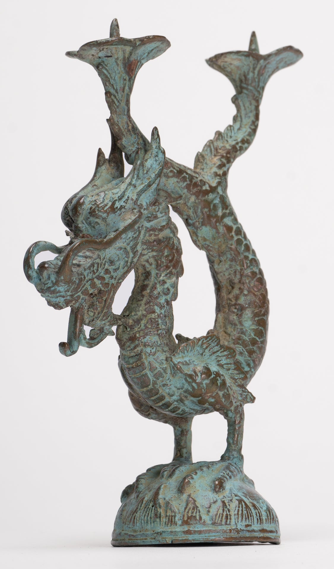 Antique Chinese Style Bronze Dragon Candle Holder - 17.5cm/7"
