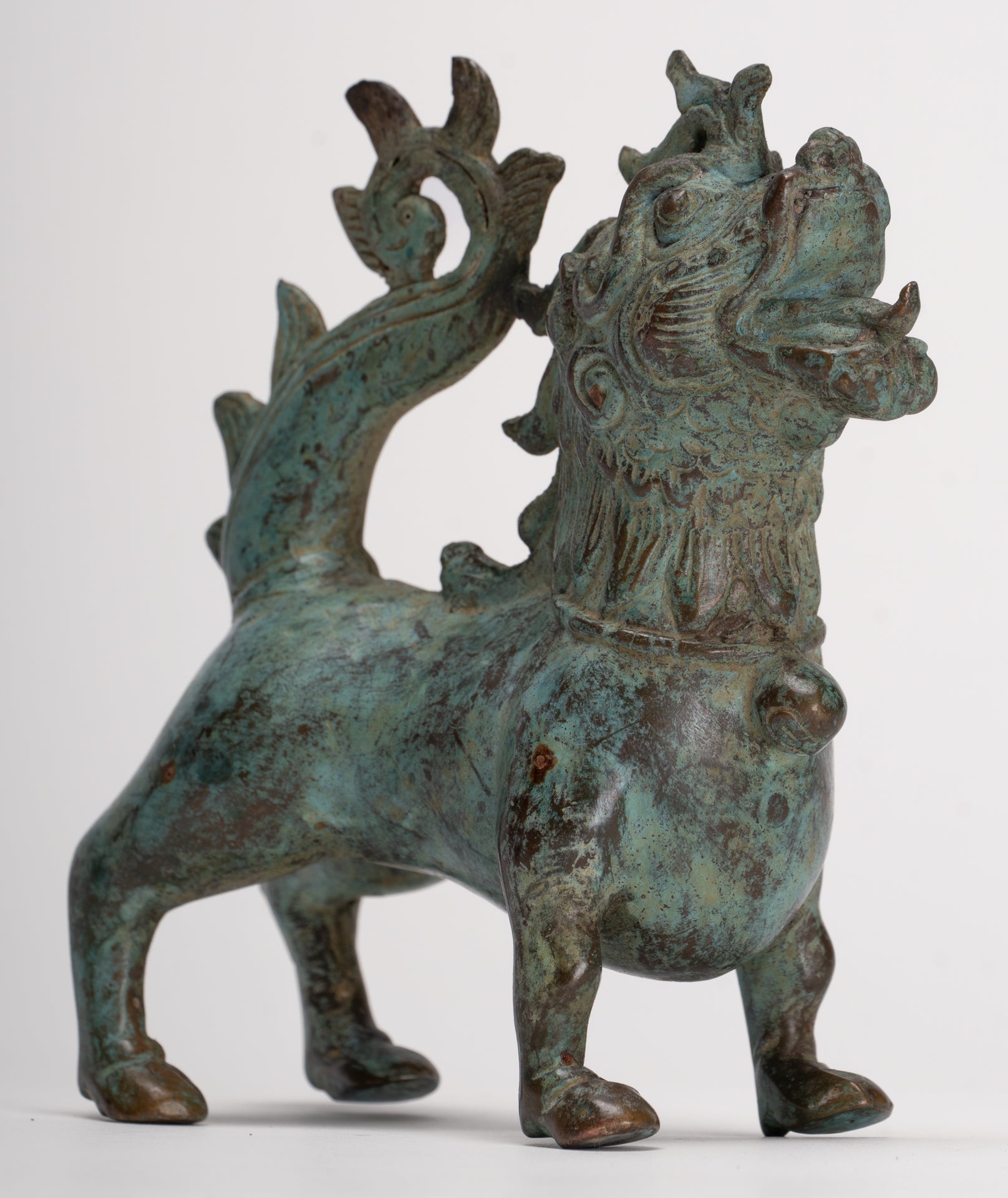 Antique Indonesian Style Bronze Singha Temple Guardian or Lion - 14cm/6"