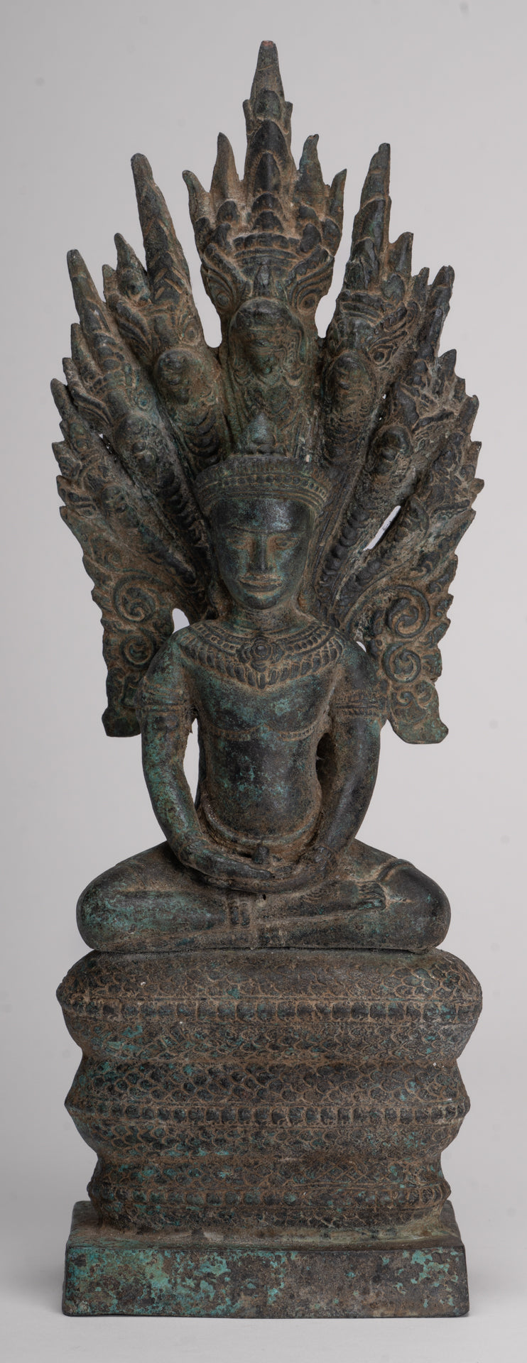 Buddha Statue - Antique Bayon Style Khmer Seated Bronze Naga Meditation Buddha - 37cm/15"