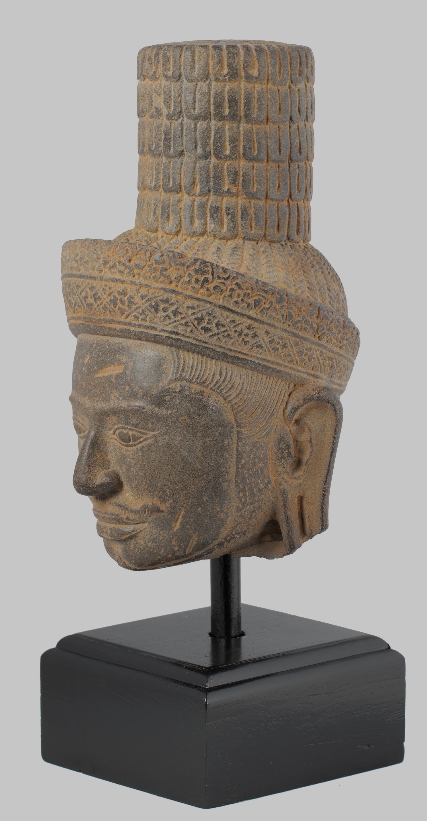 Antique Koh Ker Style Stone Mounted Khmer Vishnu Head - 28cm / 11"