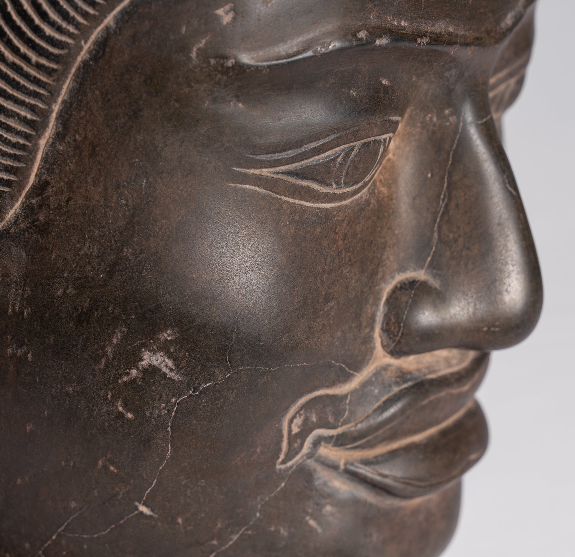 Vishnu Statue - Antique Banteay Srei Style Stone Mounted Khmer Vishnu Head - 44cm / 18"