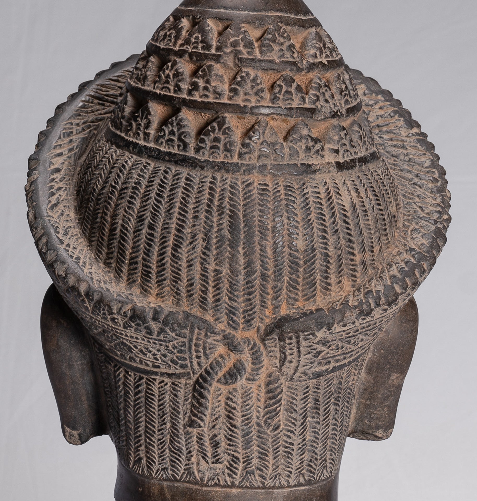 Vishnu Statue - Antique Banteay Srei Style Stone Mounted Khmer Vishnu Head - 44cm / 18"