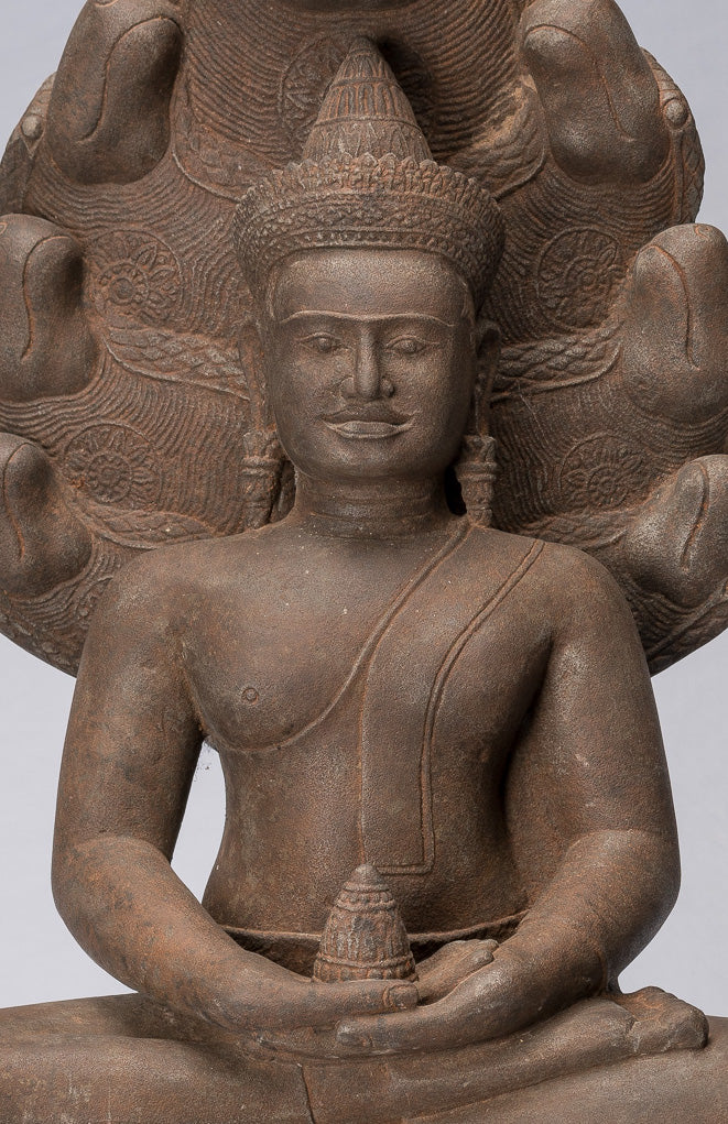 Statua Buddha - Antique Bayon Style Khmer Stone seduto Naga Meditazione Buddha - 67 cm/27 "