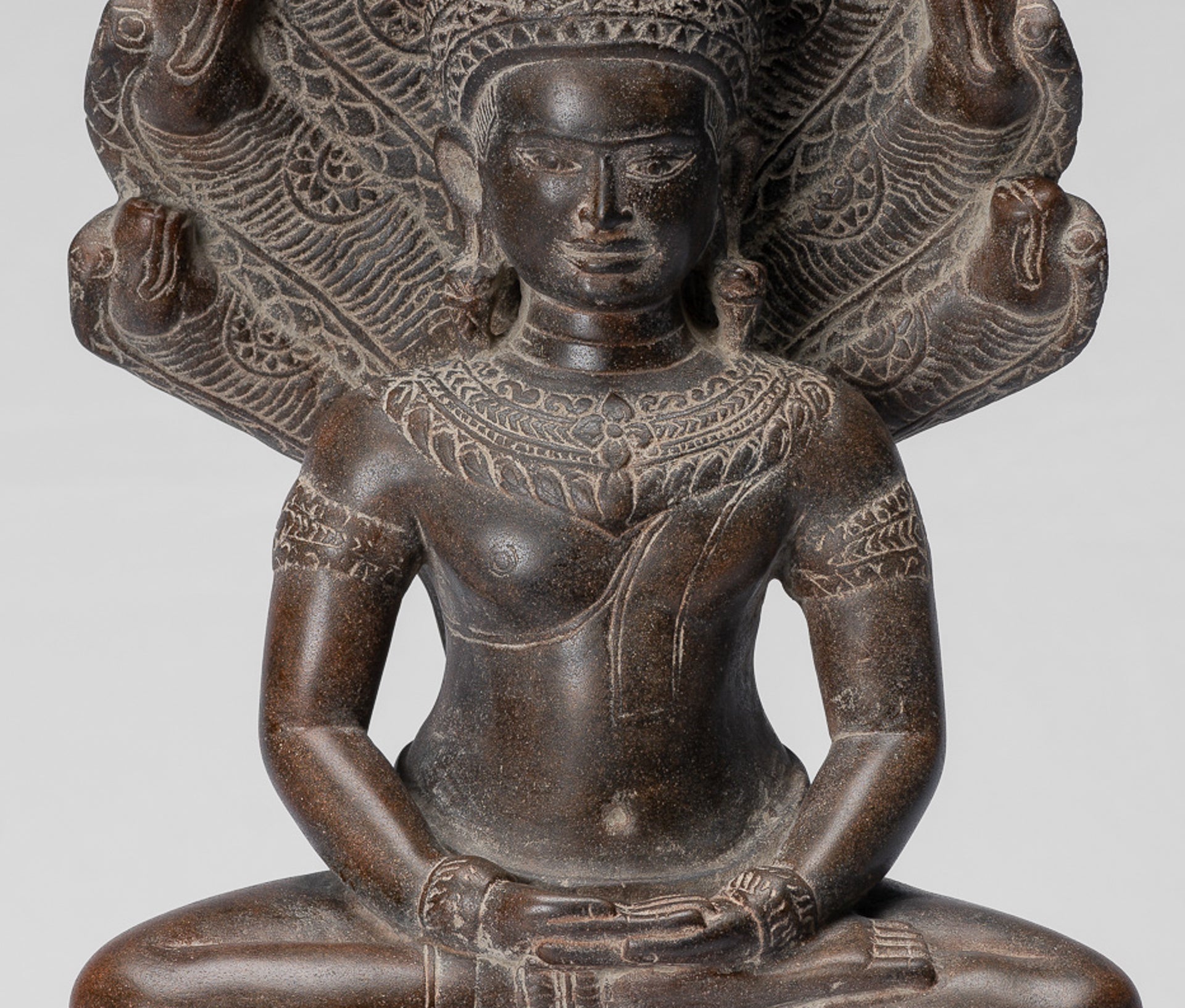 Buddha Statue - Antique Bayon Style Khmer Stone Seated Naga Meditation Buddha - 38cm/15"