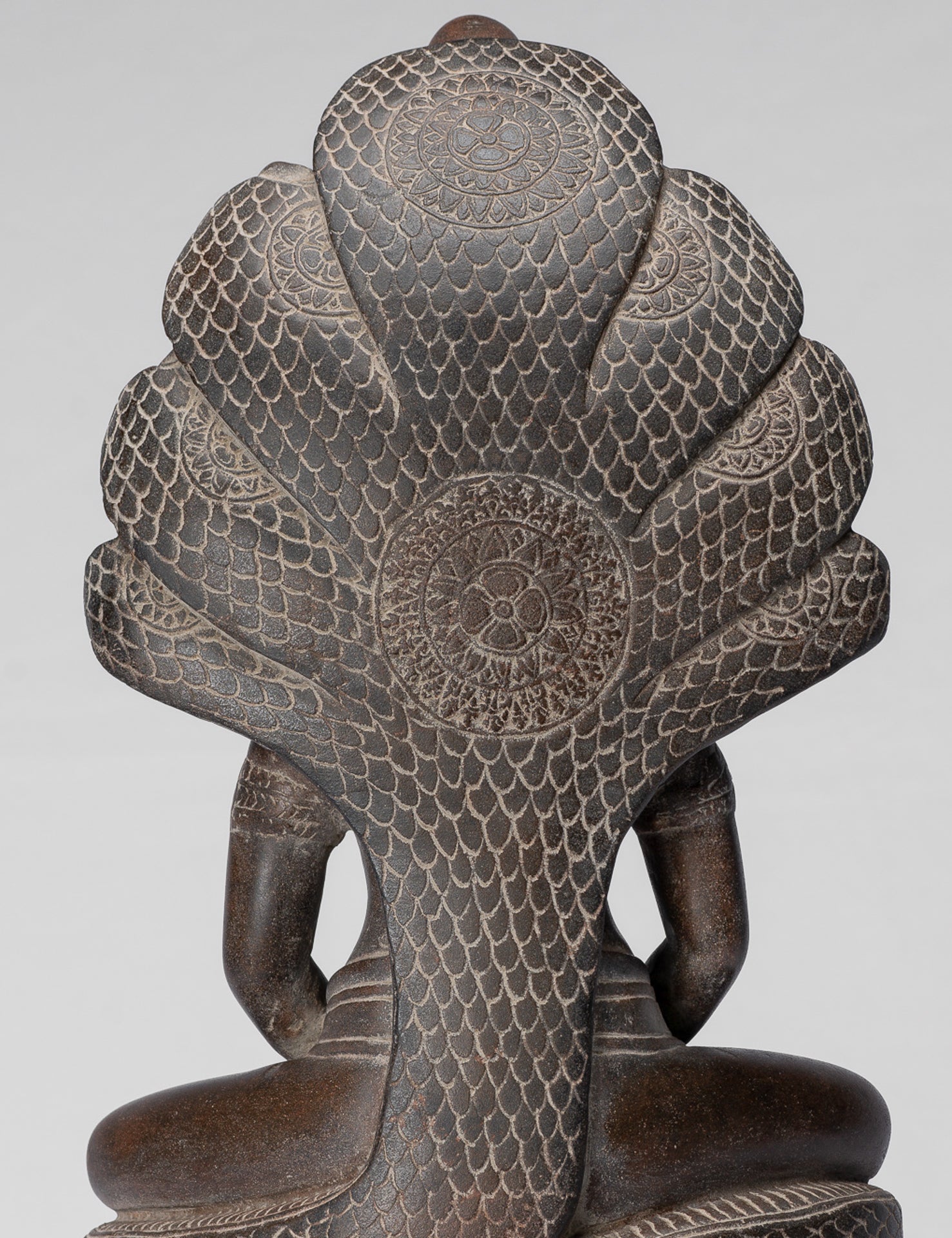 Buddha Statue - Antique Bayon Style Khmer Stone Seated Naga Meditation Buddha - 38cm/15"