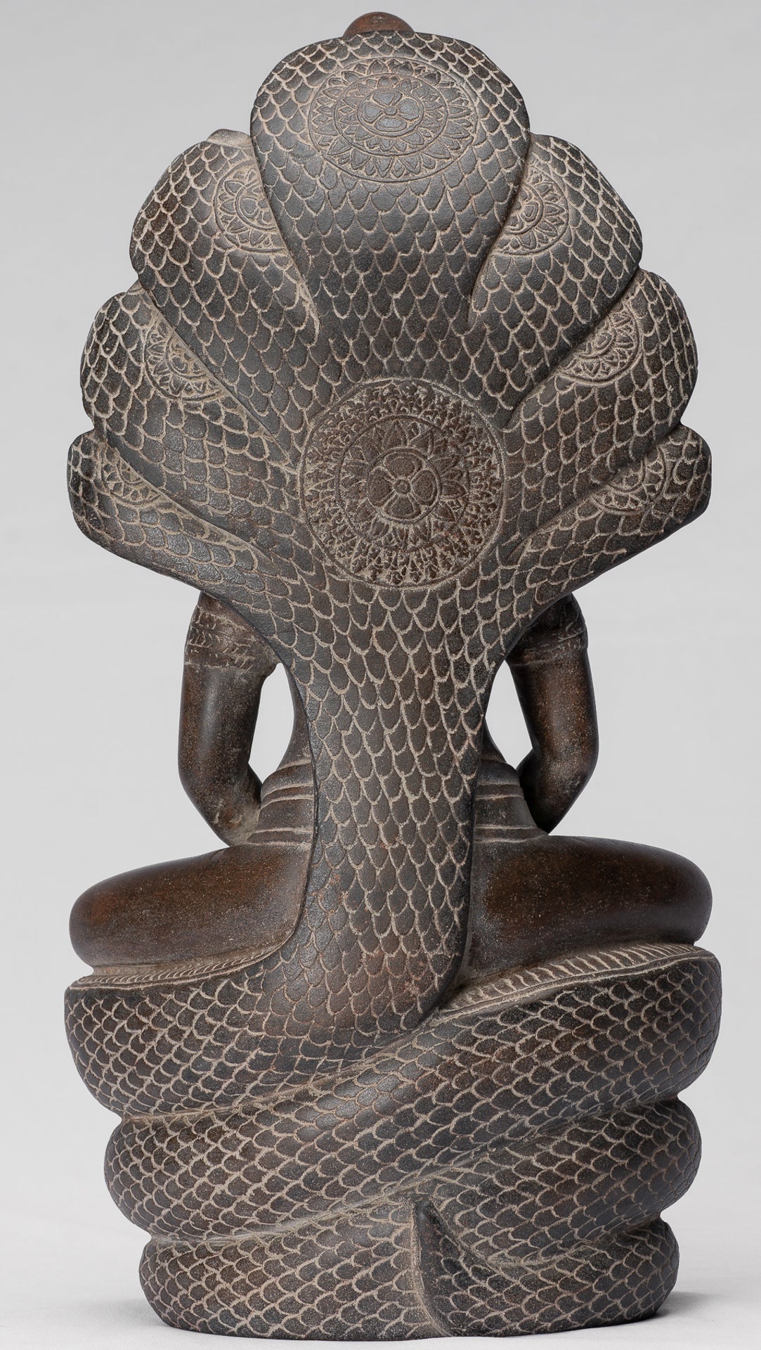 Buddha Statue - Antique Bayon Style Khmer Stone Seated Naga Meditation Buddha - 38cm/15"