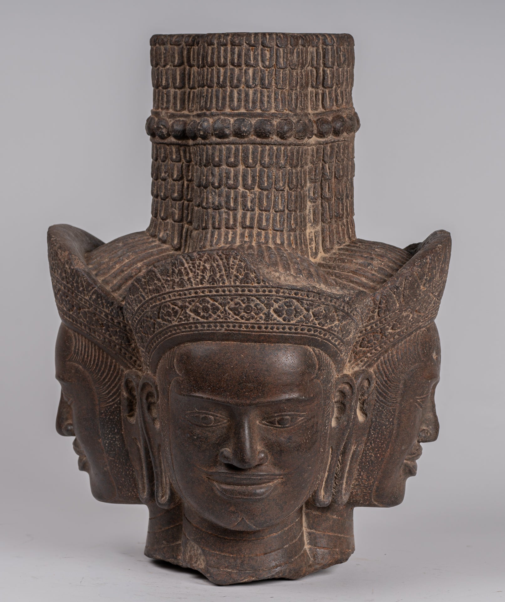 Brahma Statue - Antique Khmer Style Koh Ker Stone Brahma Head - Hindu God Creation - 42cm/17"