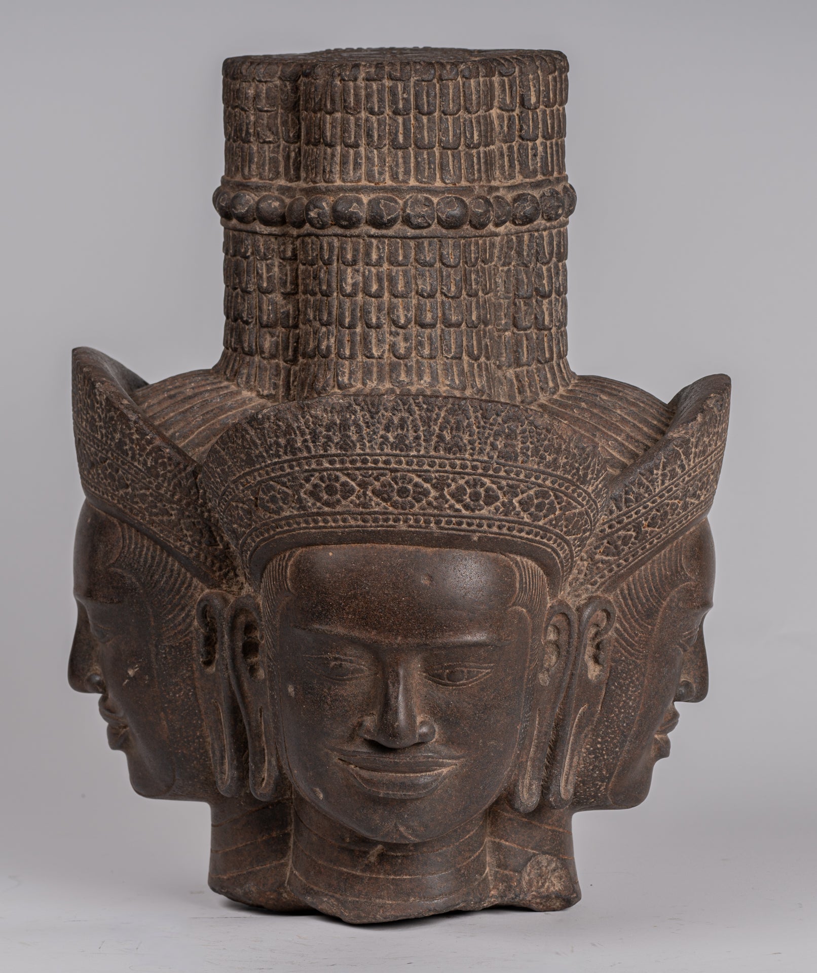 Brahma Statue - Antique Khmer Style Koh Ker Stone Brahma Head - Hindu God Creation - 42cm/17"