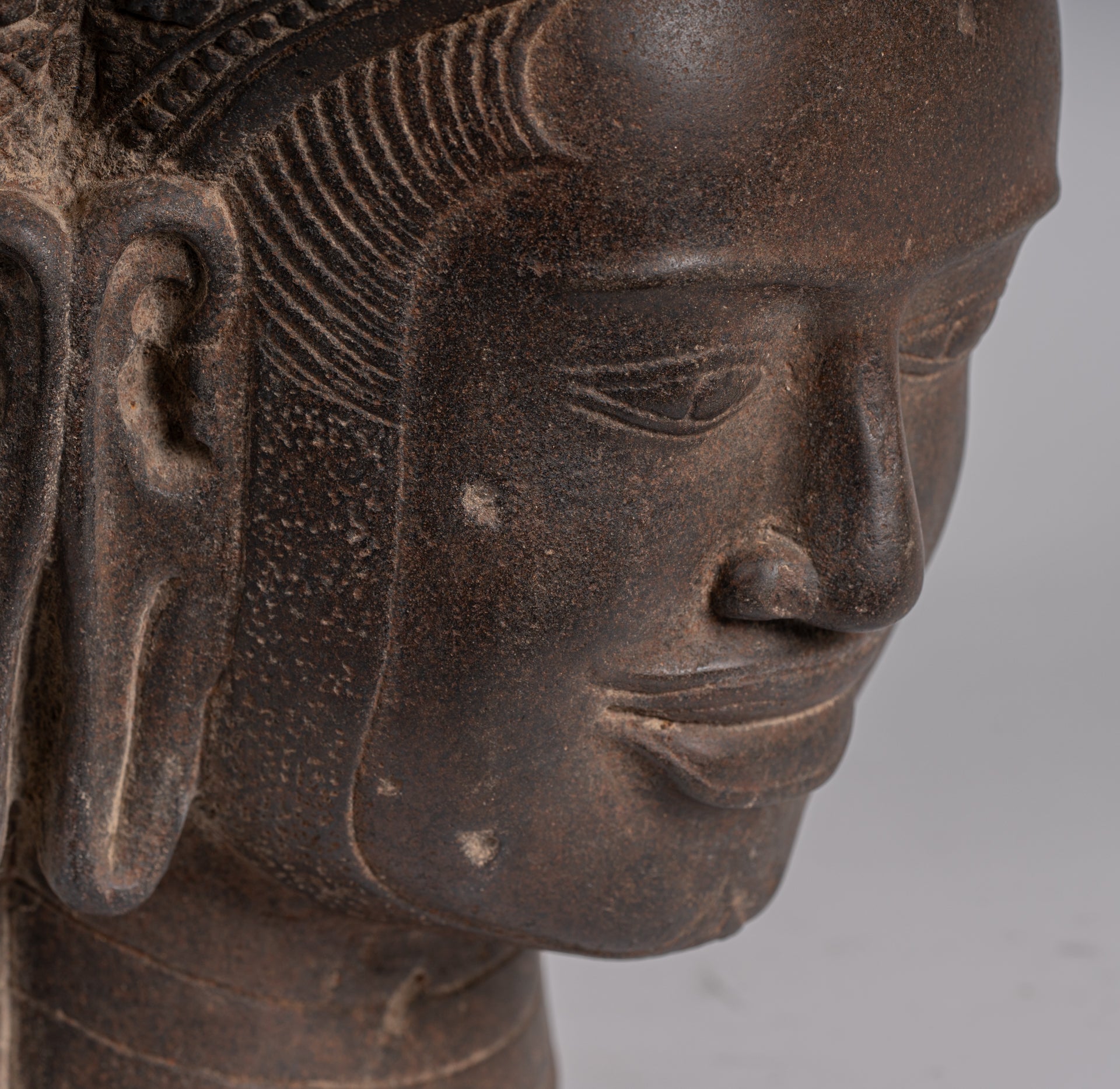 Brahma Statue - Antique Khmer Style Koh Ker Stone Brahma Head - Hindu God Creation - 42cm/17"